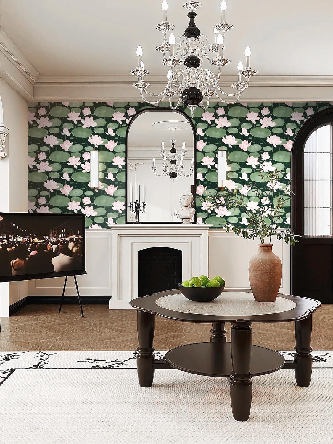 Yasinet Papel tapiz autoadhesivo para despegar y pegar, papel tapiz vintage con flores de loto verde oscuro, papel de contacto autoadhesivo