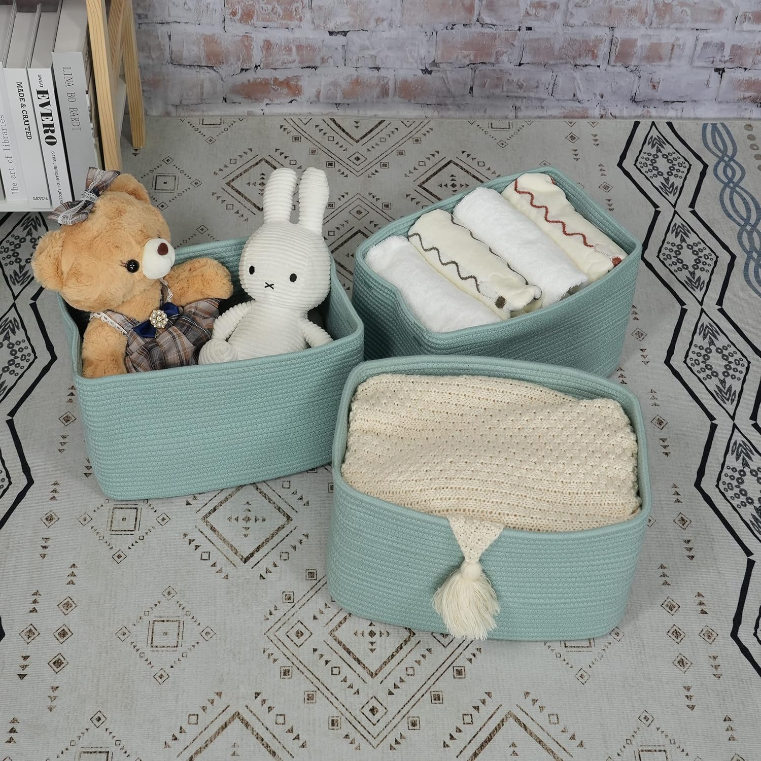 Cesta de almacenamiento de cuerda de algodón, cesta tejida para organizar estantes, cestas decorativas rectangulares para almacenamiento de ropa,
