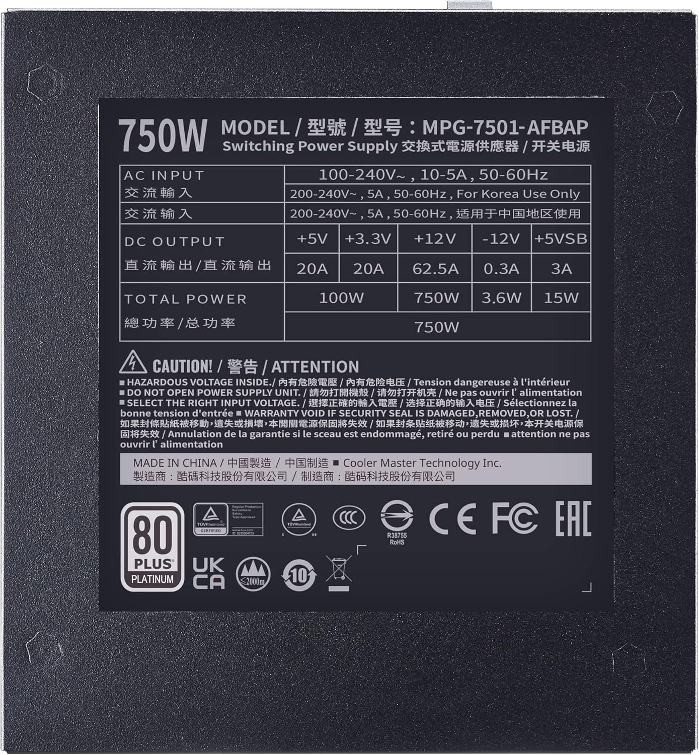 Cooler Master XG750 Plus Platinum ARGB totalmente modular, 750W, panel de visualización de información incorporado, ventilador silencioso ARGB 5.315