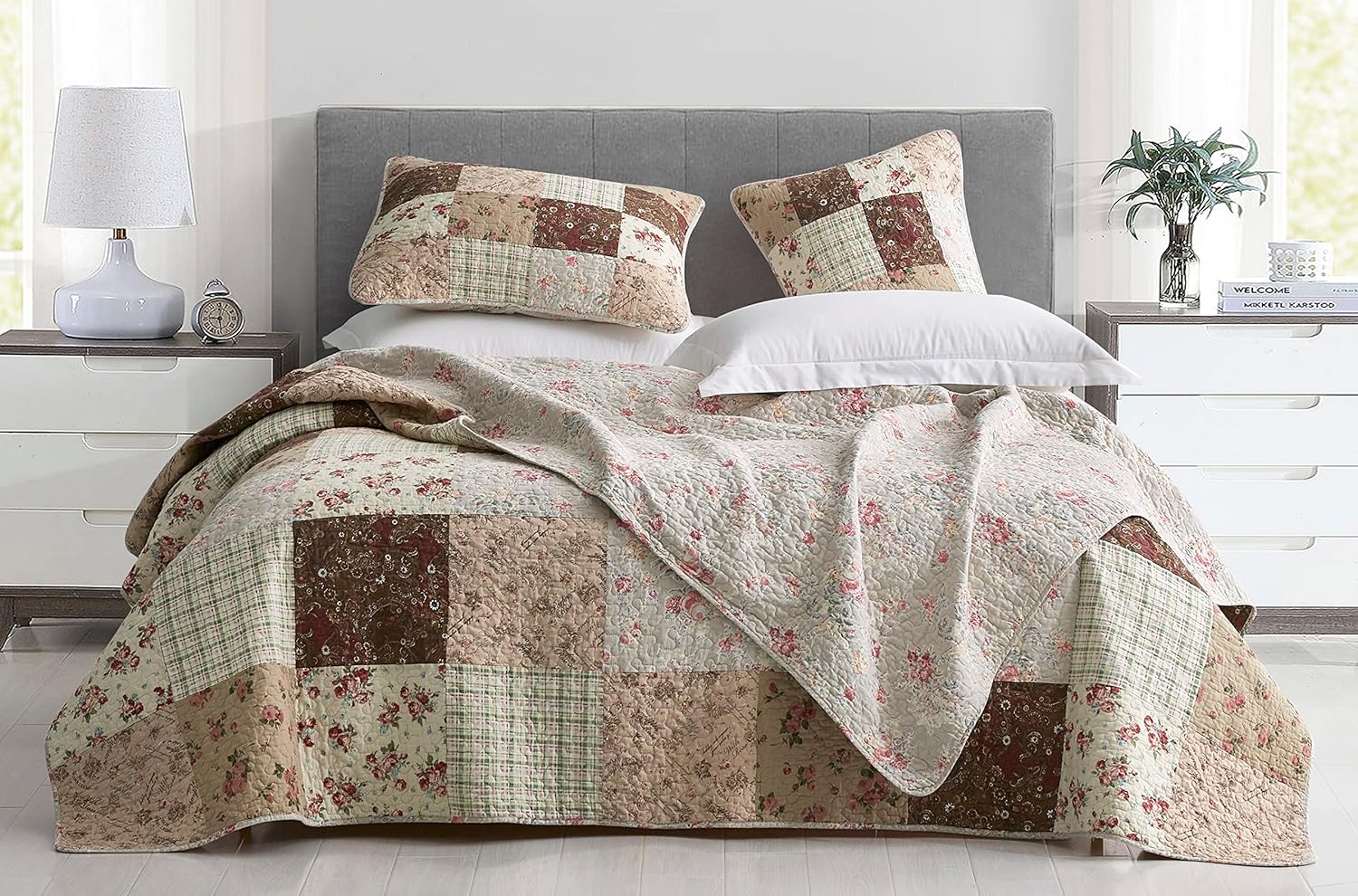 Chezmoi Collection Cynthia – Juego de edredón elegante de 3 piezas, colcha floral a cuadros, colcha reversible ligera de algodón prelavado, tamaño