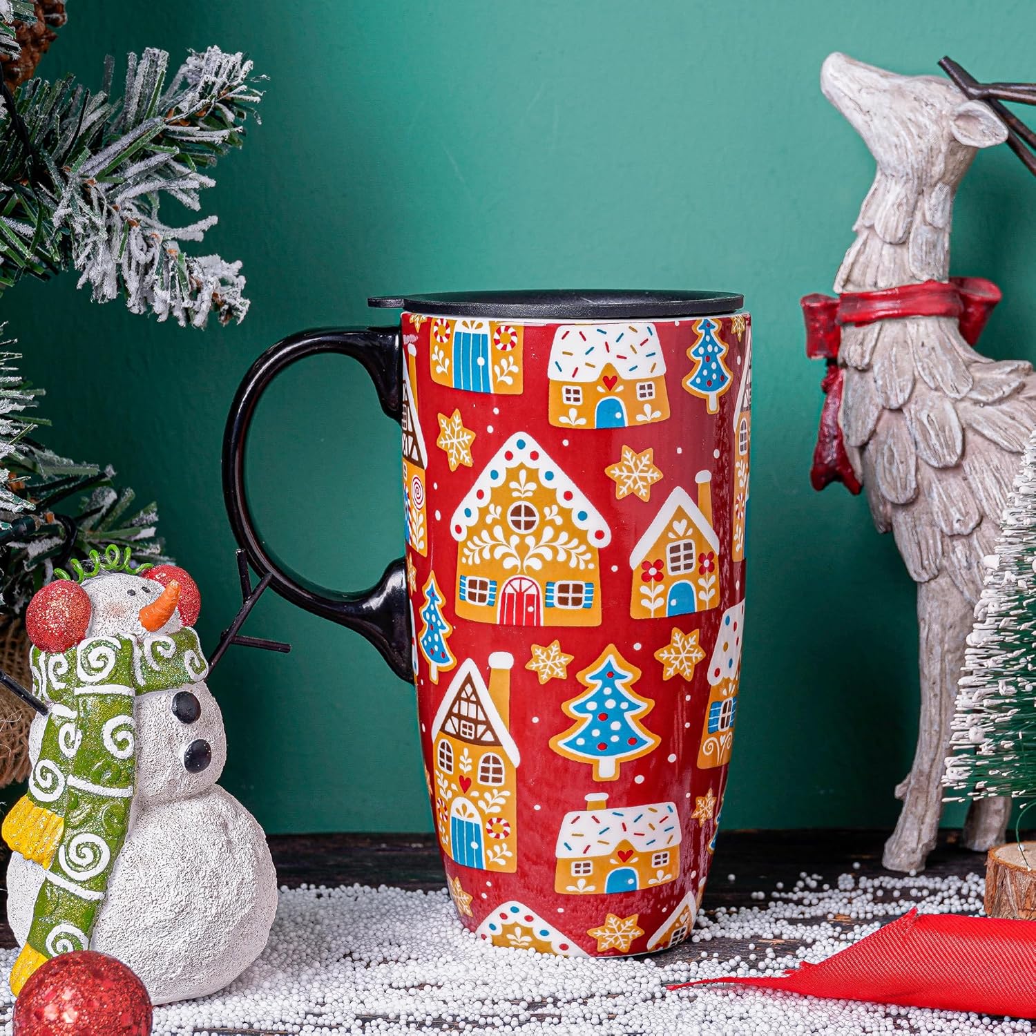 Topadorn Taza de café de cerámica para regalo con tapa de 17 onzas, taza de té alta de porcelana con asa para el hogar y la oficina, taza con diseño