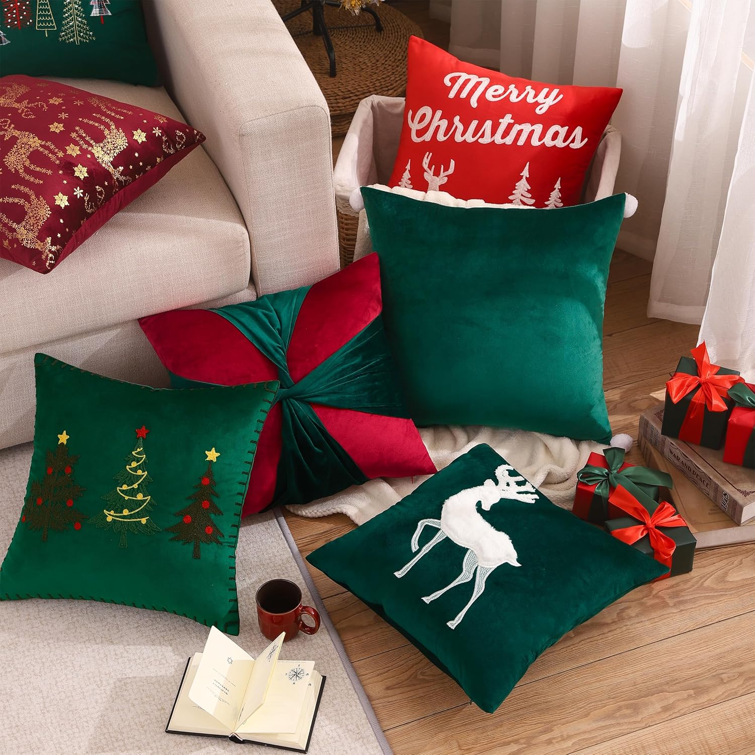 Tosleo Juego de 2 fundas de almohada de Navidad de 18 x 18 pulgadas, diseño de ciervo de Navidad color verde, decoración de Navidad, decoración roja