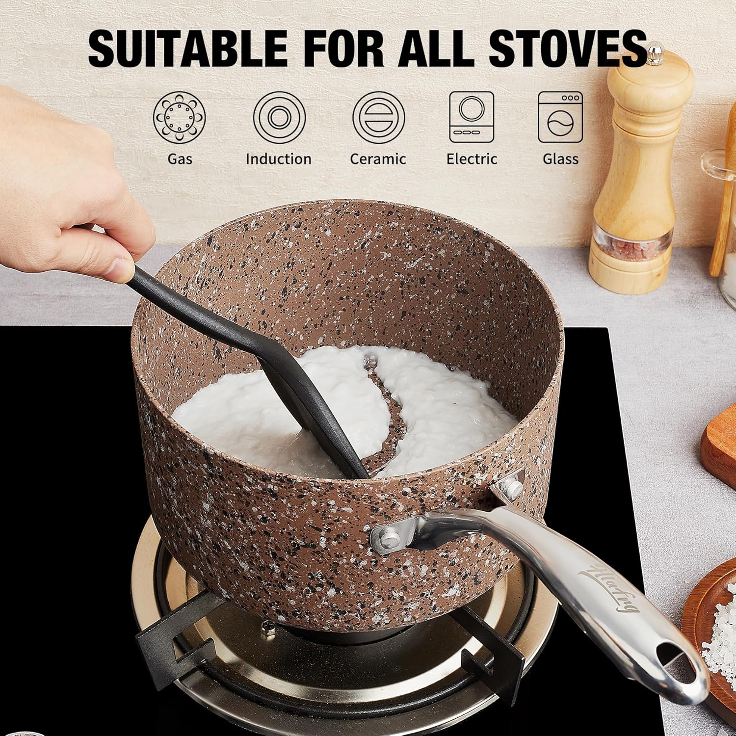HLAFRG Utensilios de cocina con infusión de granito antiadherente, olla de 2 cuartos de galón con tapa, sin PFOA, apta para todas las cocinas, apta