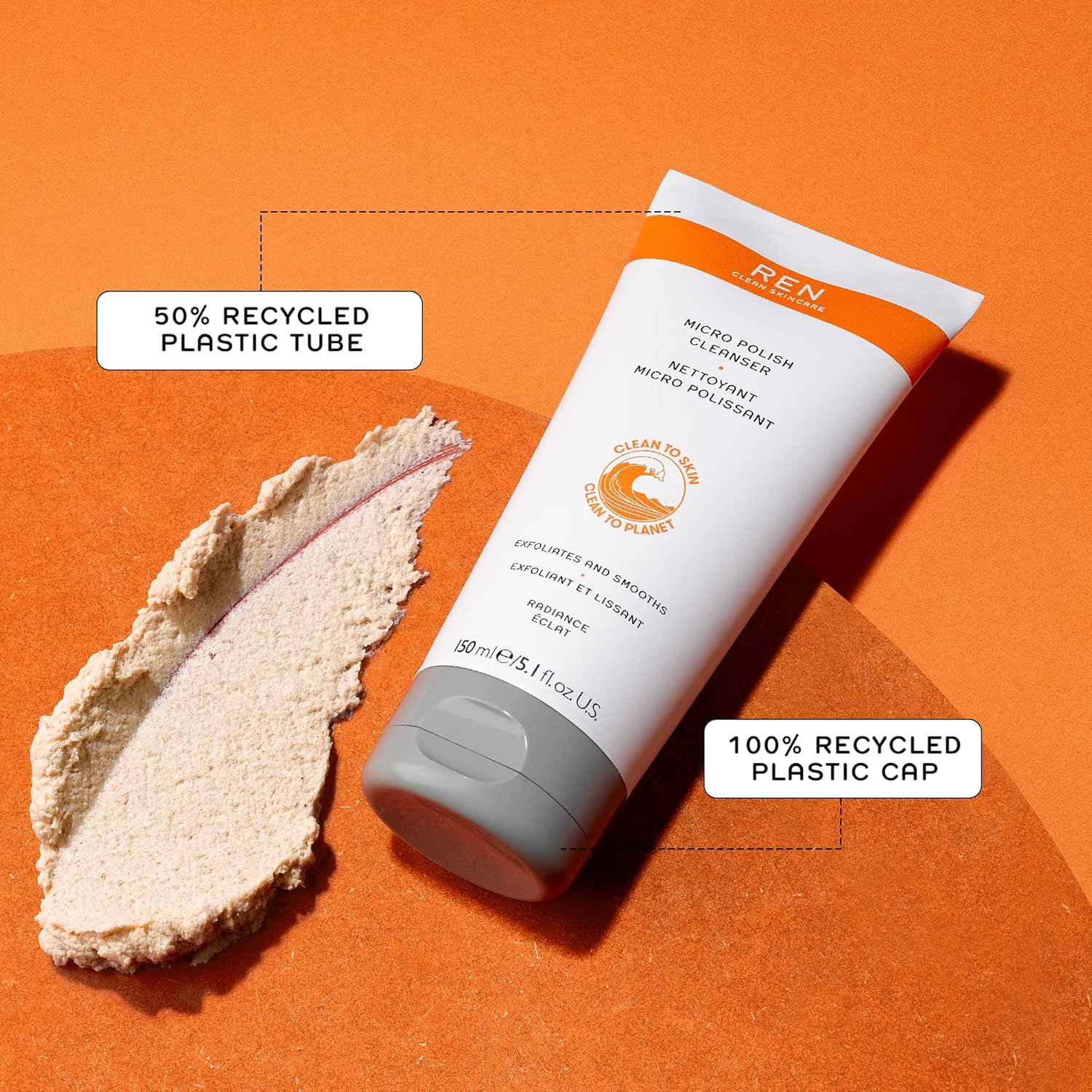 REN Clean Skincare – Limpiador micro polaco – Jabón facial exfoliante para pieles sensibles con AHAs y micro cuentas ámbar, libre de crueldad animal