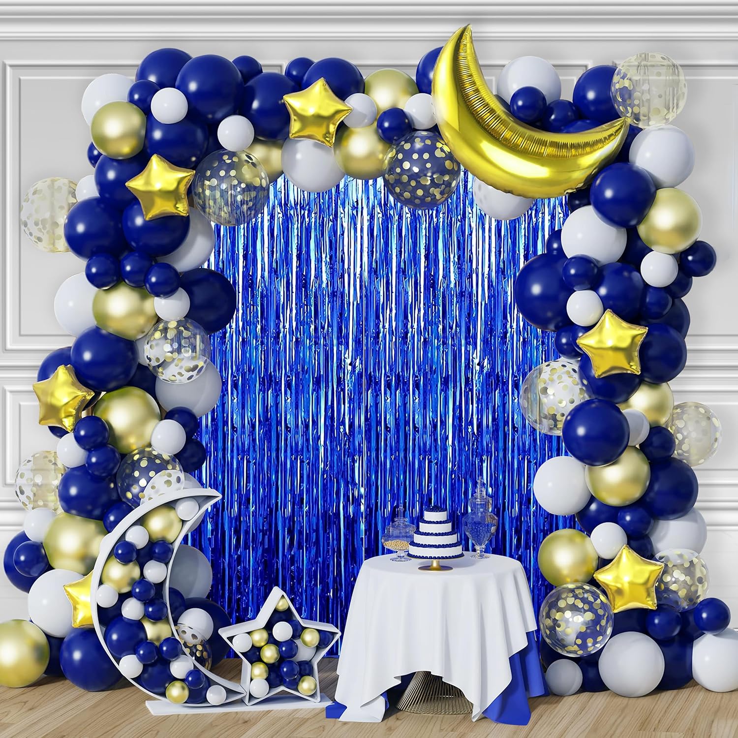 MEHOFOND Paquete de 2 cortinas de flecos de papel de aluminio azul rey de 3.3 x 6.6 pies, decoración de fiesta, telón de fondo metálico con flecos