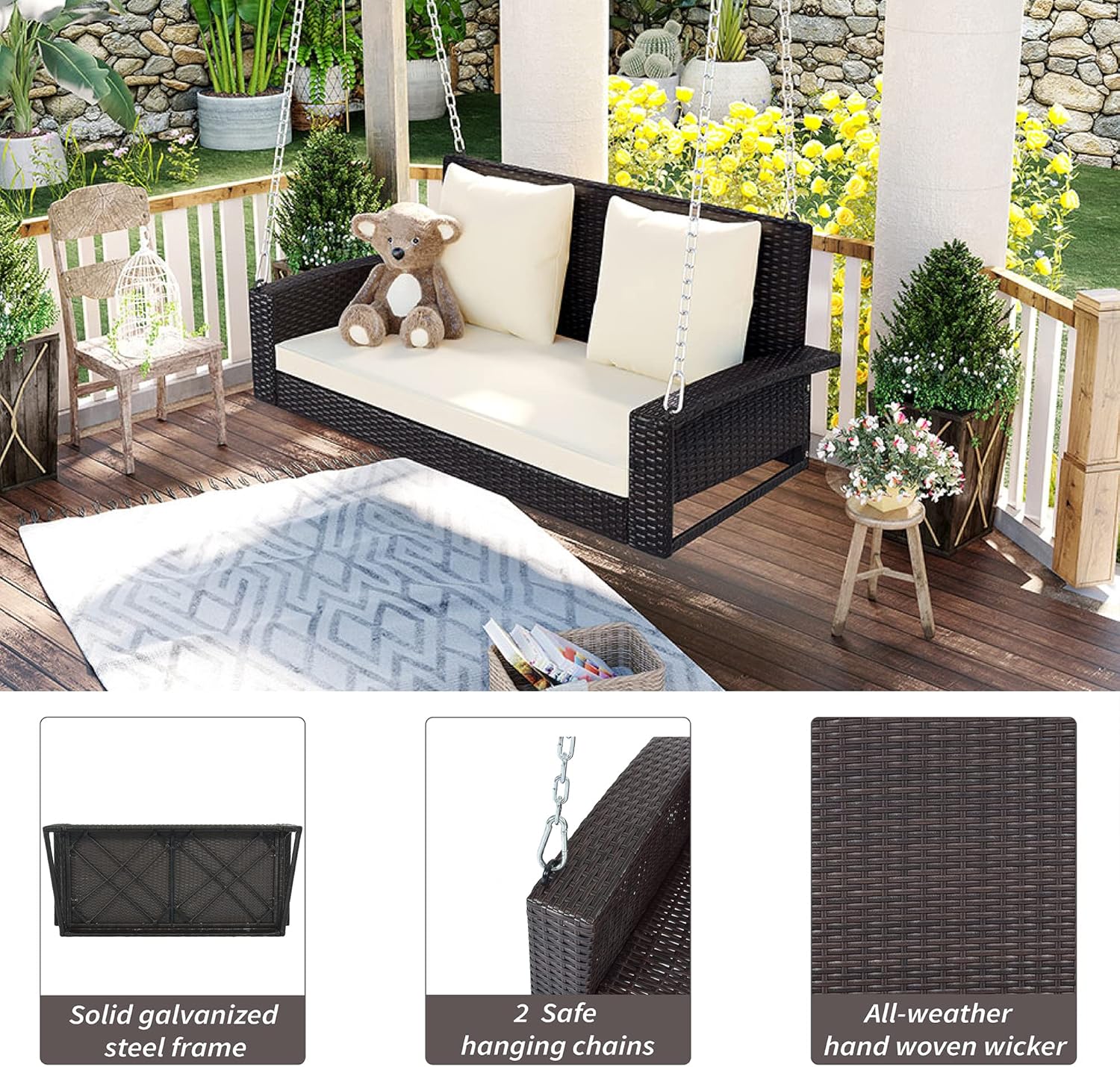 Silla columpio para patio al aire libre para 2 personas con cadenas de acero, sofá biplaza colgante tejido de ratán al aire libre con cojín y