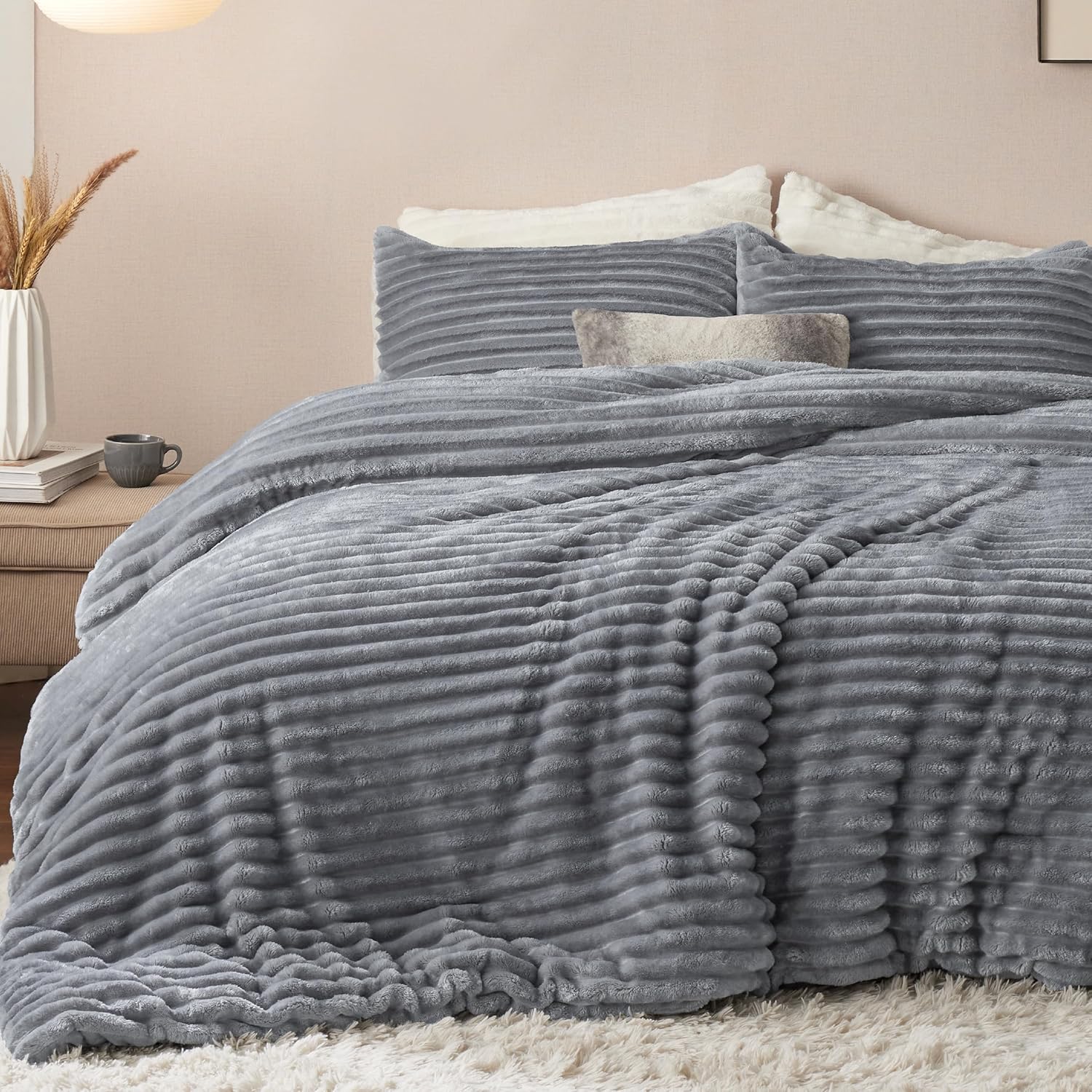 Bedsure Juego de edredón esponjoso tamaño King, edredón de piel sintética súper suave, tamaño King, color gris, juego de ropa de cama de forro polar