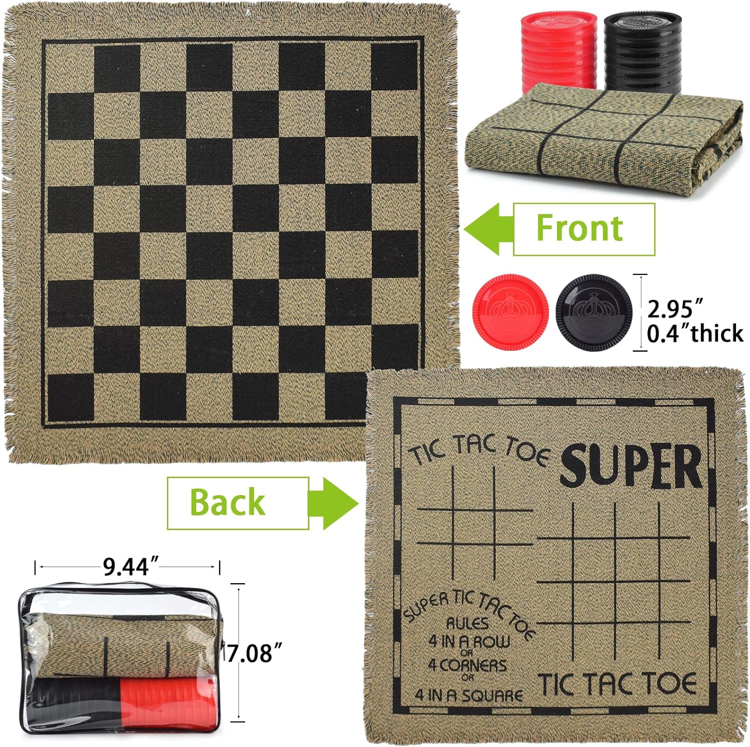 Juego de damas gigantes  Tablero de juego de Tic Tac Toe 3 en 1 para adultos y niños con 24 piezas a cuadros alfombra reversible  Juegos para
