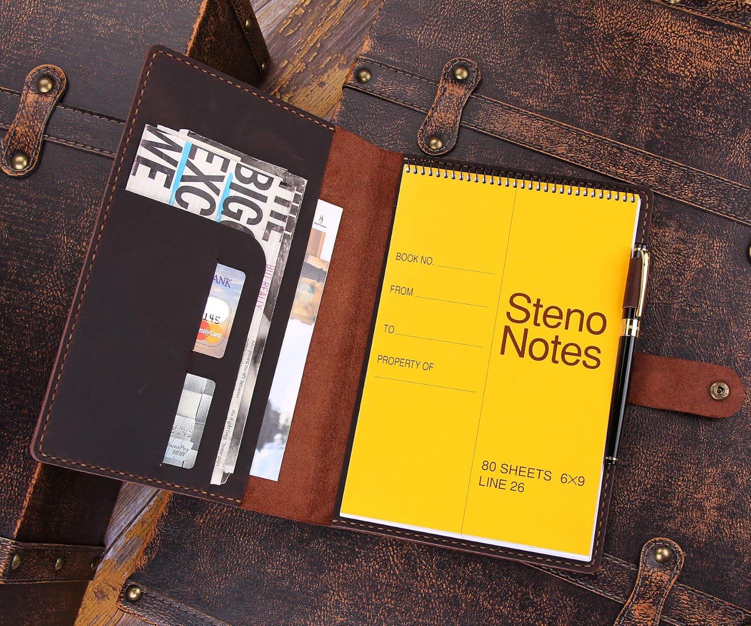 Robrasim Funda de cuero para cuaderno Steno de 6 x 9 pulgadas, funda de cuero compatible con almohadillas Steno en espiral de 6 x 9, organizador de