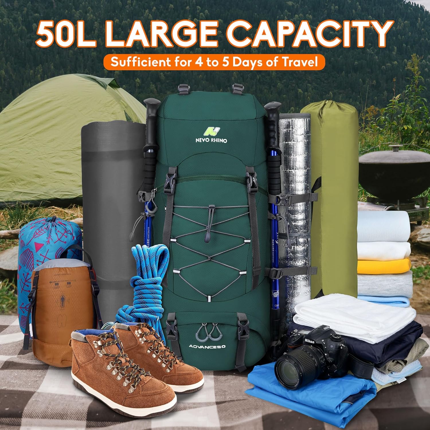 Mochila de senderismo impermeable de 50 l60 l, mochila de camping con cubierta de lluvia, mochila de alto rendimiento para senderismo, viajes,