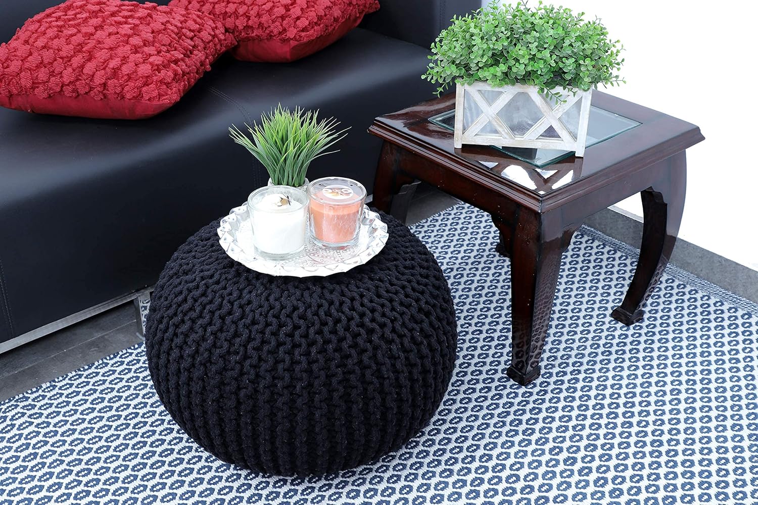 FRELISH DECOR – Puf redondo otomano tejido a mano, 100% algodón, puf de punto, silla de suelo para sala de estar, reposapiés de dormitorio para sofá