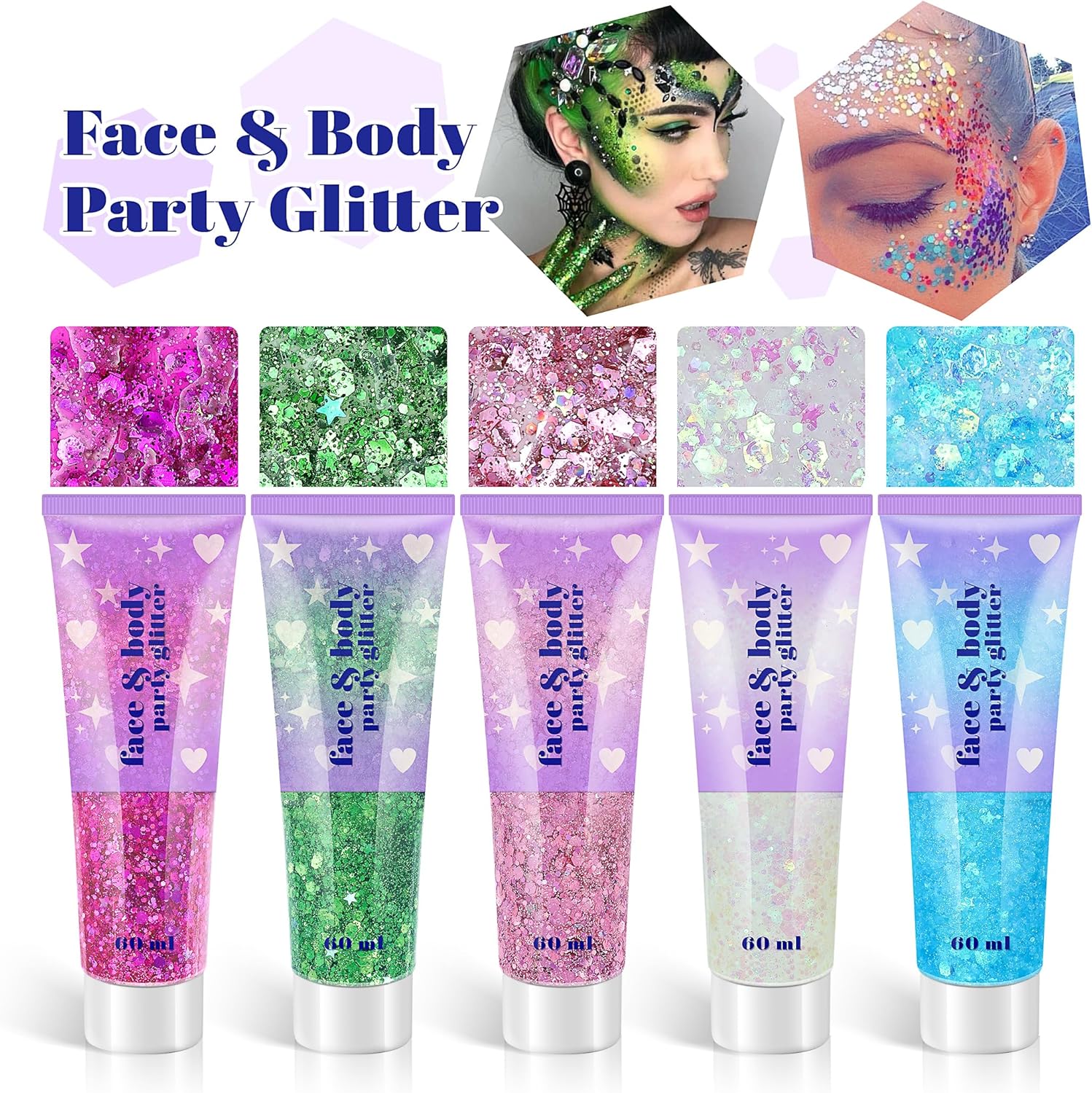 Gel de purpurina corporal, 2 frascos de gel con purpurina facial y lentejuelas para cabello, labios, sombra de ojos, uñas, gel de purpurina gruesa y