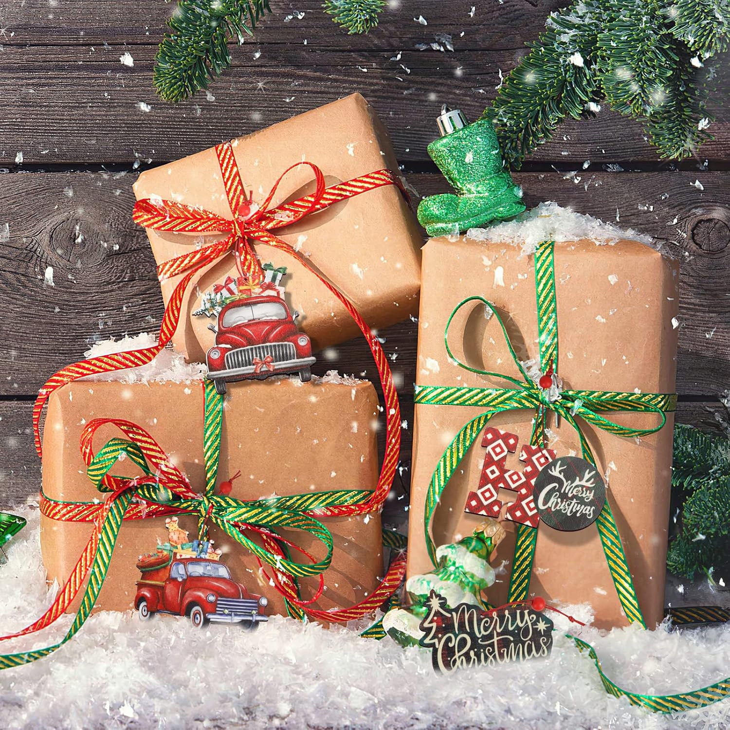 24 adornos navideños de madera, camión rojo de madera, árbol de Navidad, manualidades colgantes para casa de campo, decoración de fiestas,