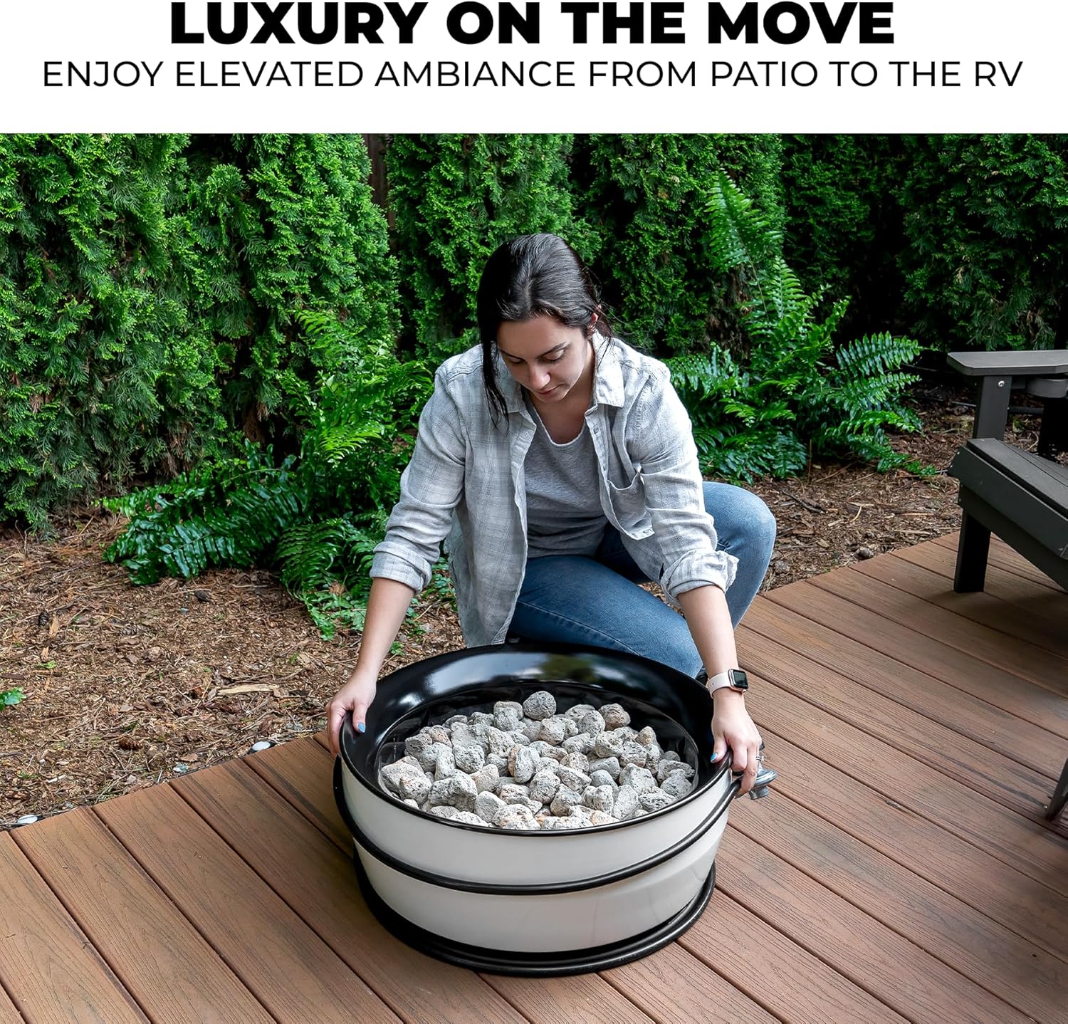 Outland Living – Fogata grande de gas propano para exteriores, 60,000 BTUh, 24 pulgadas con tapa, hoguera moderna Lake Country 800 para patio, color