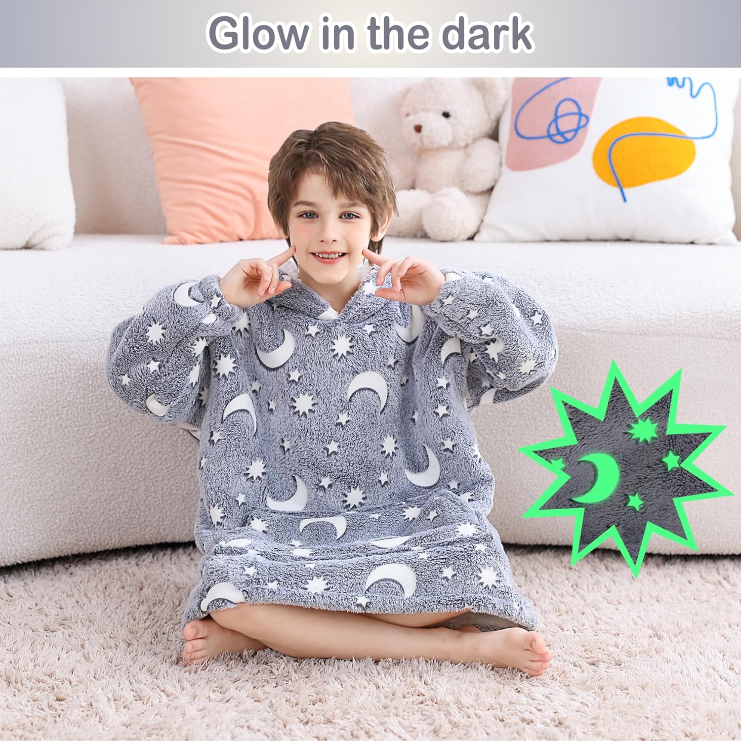 Blanket Hoodie, Sherpa Fleece Wearable Blanket for Kids, Plush Flannel Hooded Blanket, Sweatshirt Gift with Giant Pocket