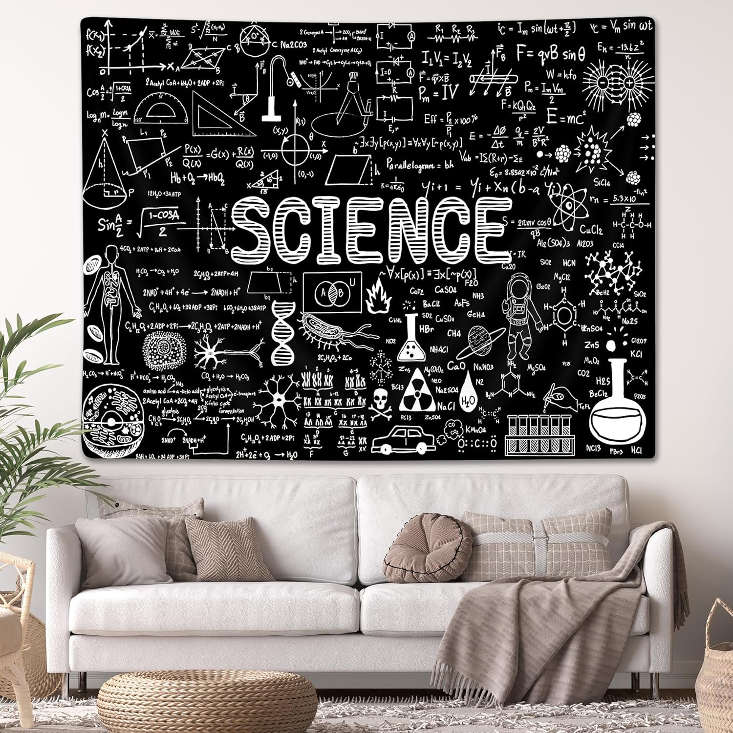 PAOPOED Tapiz de ciencia, temática educativa, decoración de fondo de laboratorio para estudiantes, fórmulas matemáticas, mantel para colgar en la