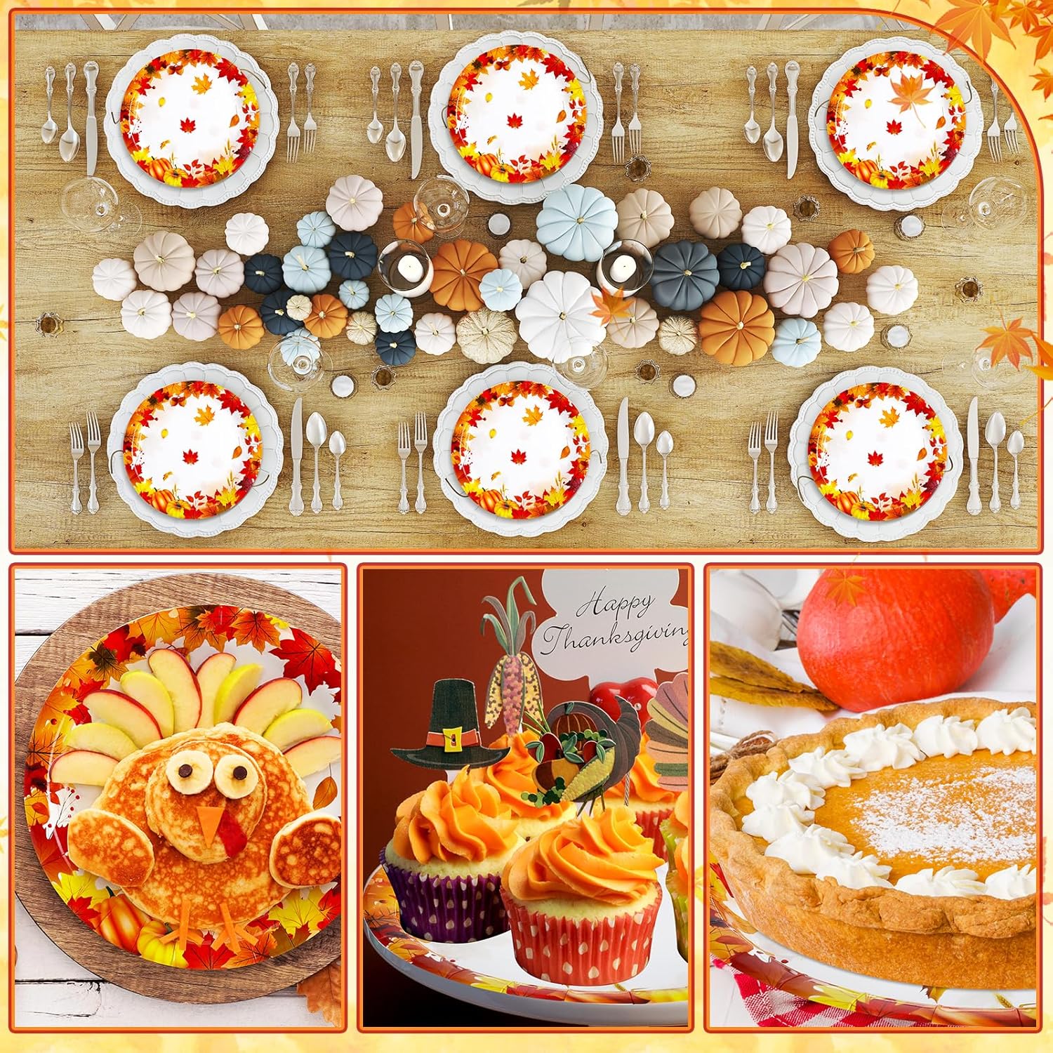 50 platos de papel de otoño de 9 pulgadas, platos de calabaza de Acción de Gracias, hojas de otoño, platos desechables para suministros de fiesta de