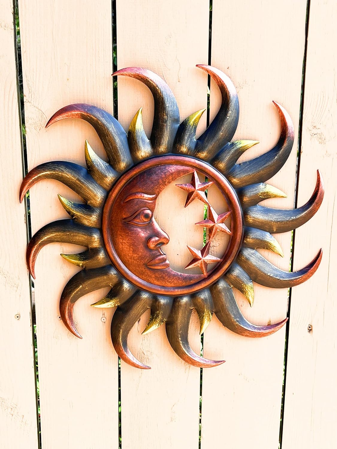 Decoración de sol de metal vintage de 19 pulgadas, diseño celestial redondo, luna creciente y estrellas rodeadas de sol, arte para interiores y