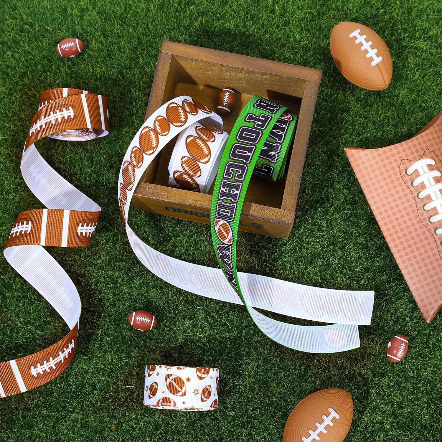 Whaline 6 rollos de cinta de grogrén de fútbol de 30 yardas, patrón de campo de pelota de rugby, cinta de tela decorativa de equipo deportivo para