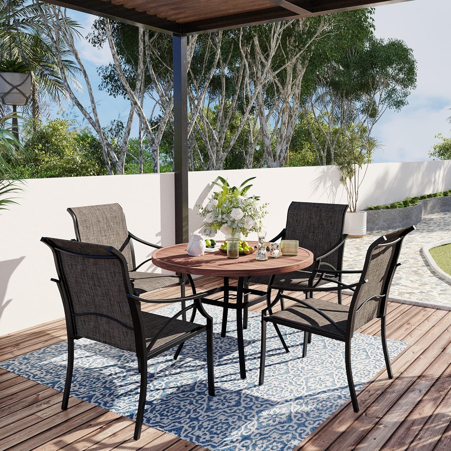 VICLLAX Mesa de comedor redonda para patio al aire libre, mesa redonda de listones de metal de 41 x 41 pulgadas con agujero ajustable para sombrilla