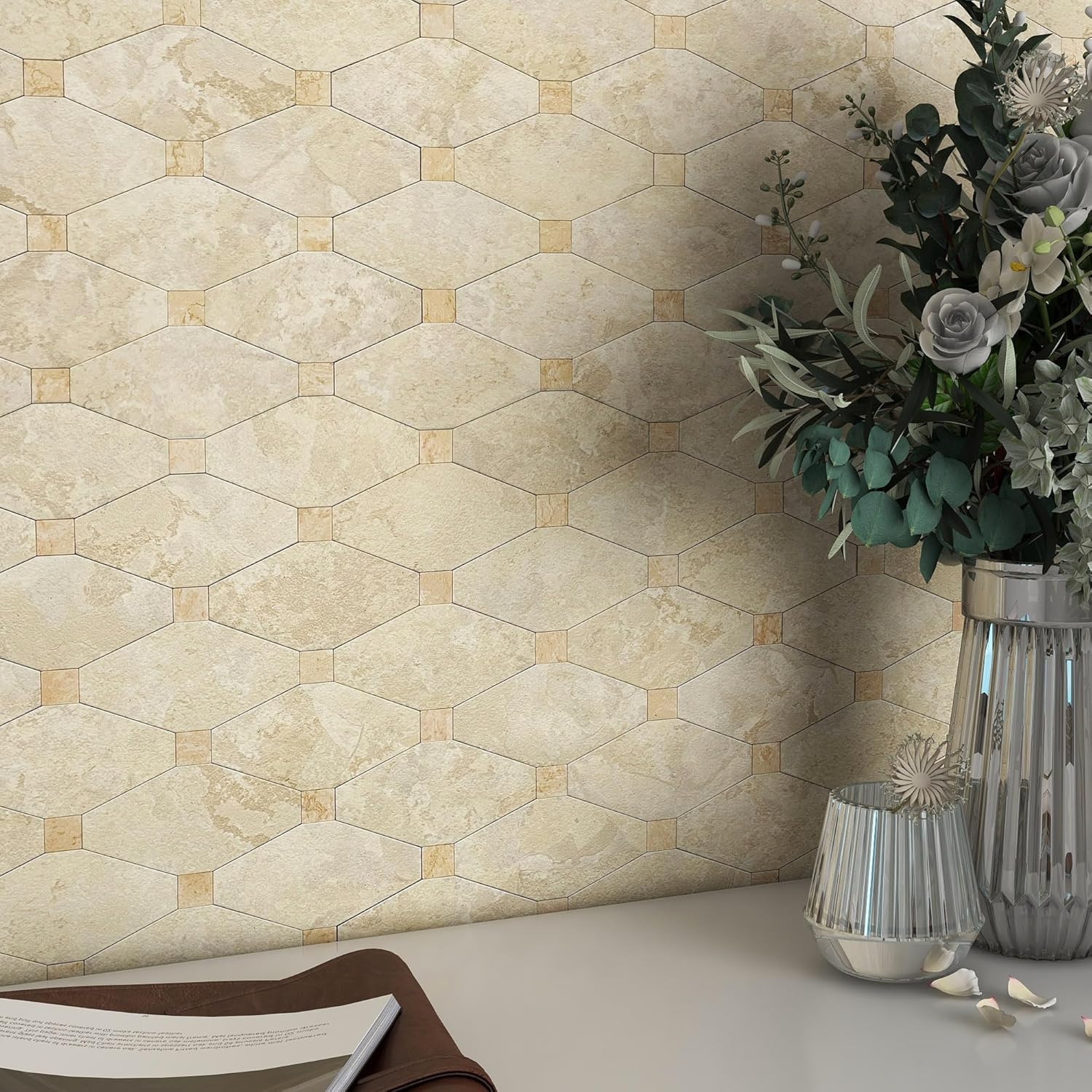 BeNice Azulejos hexagonales de mármol para cocina, azulejos de mármol hexagonales para baño (10 unidades, beige rústico)