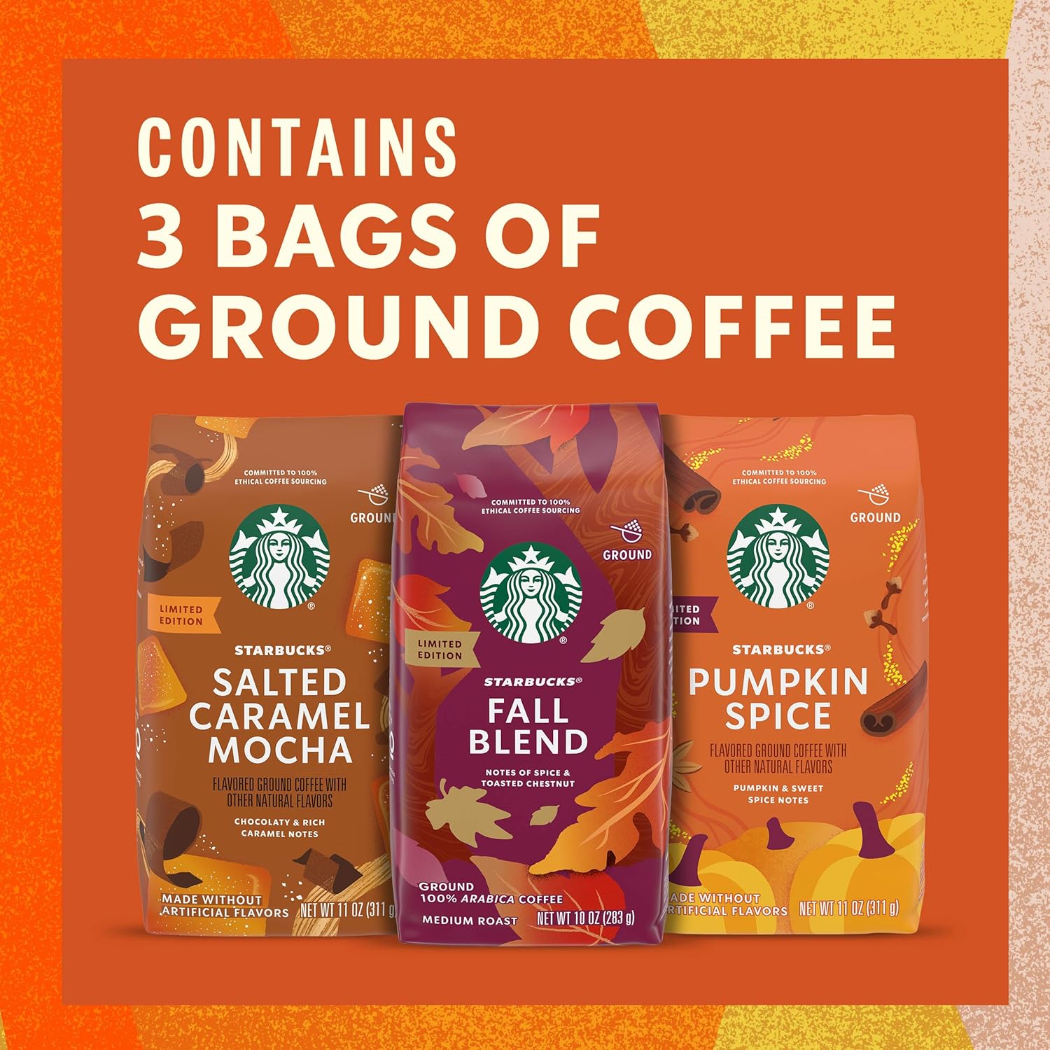 Starbucks Paquete de café molido de otoño, tostado medio y café con sabor natural, 100% arábica, edición limitada, 3 bolsas (32 onzas en total)