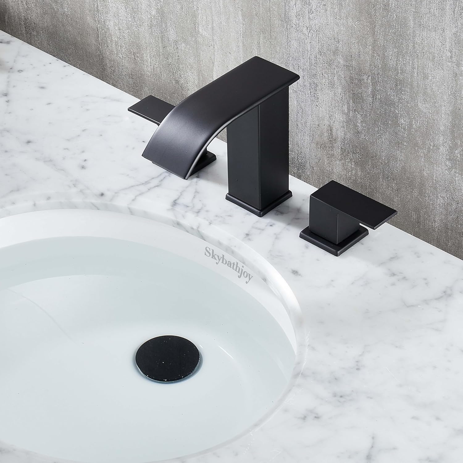 Grifo de baño negro generalizado para fregadero de 3 agujeros de 8 pulgadas, cascada de baño, grifos de baño modernos con drenaje emergente y líneas