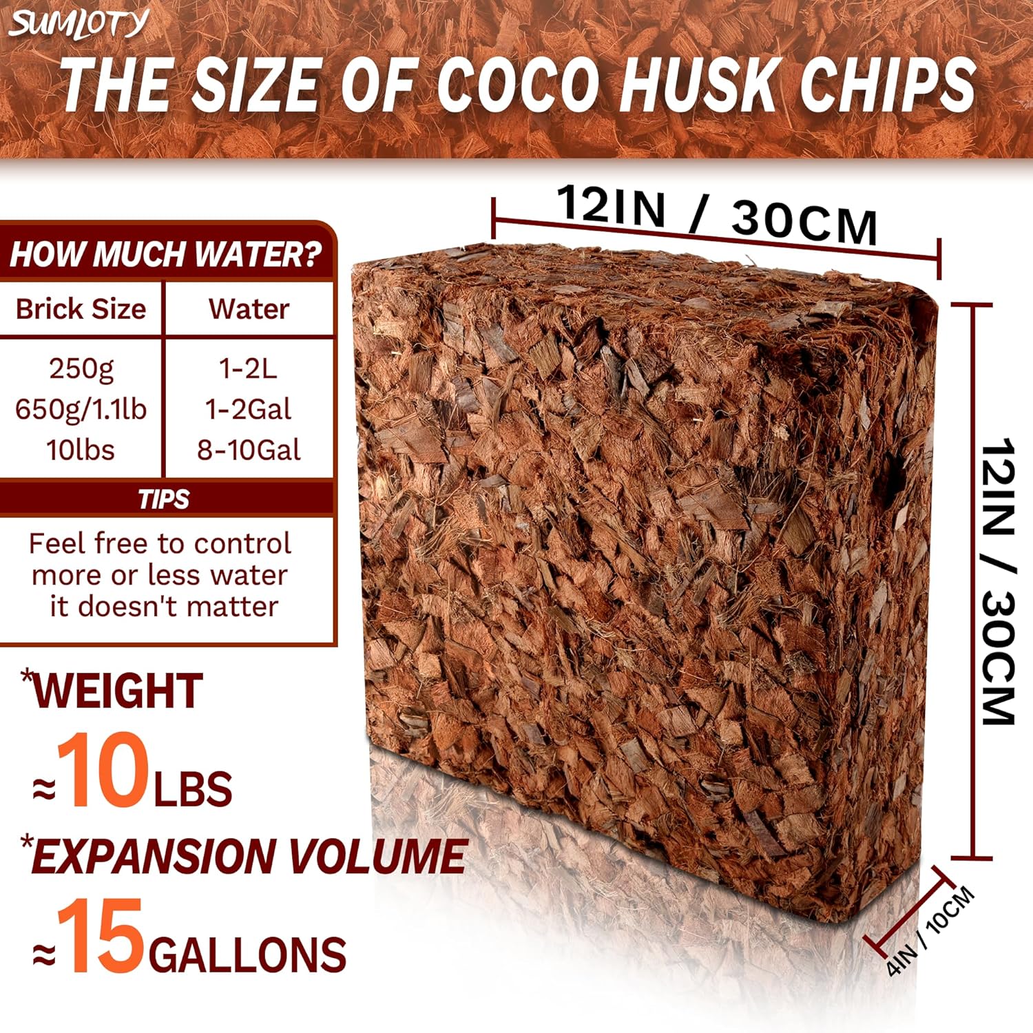 SUMLOTY Chips de coco para plantas  Chips de cáscara de coco orgánico de 10 libras con baja EC y pH equilibrado, sustrato de coco de alta expansión,