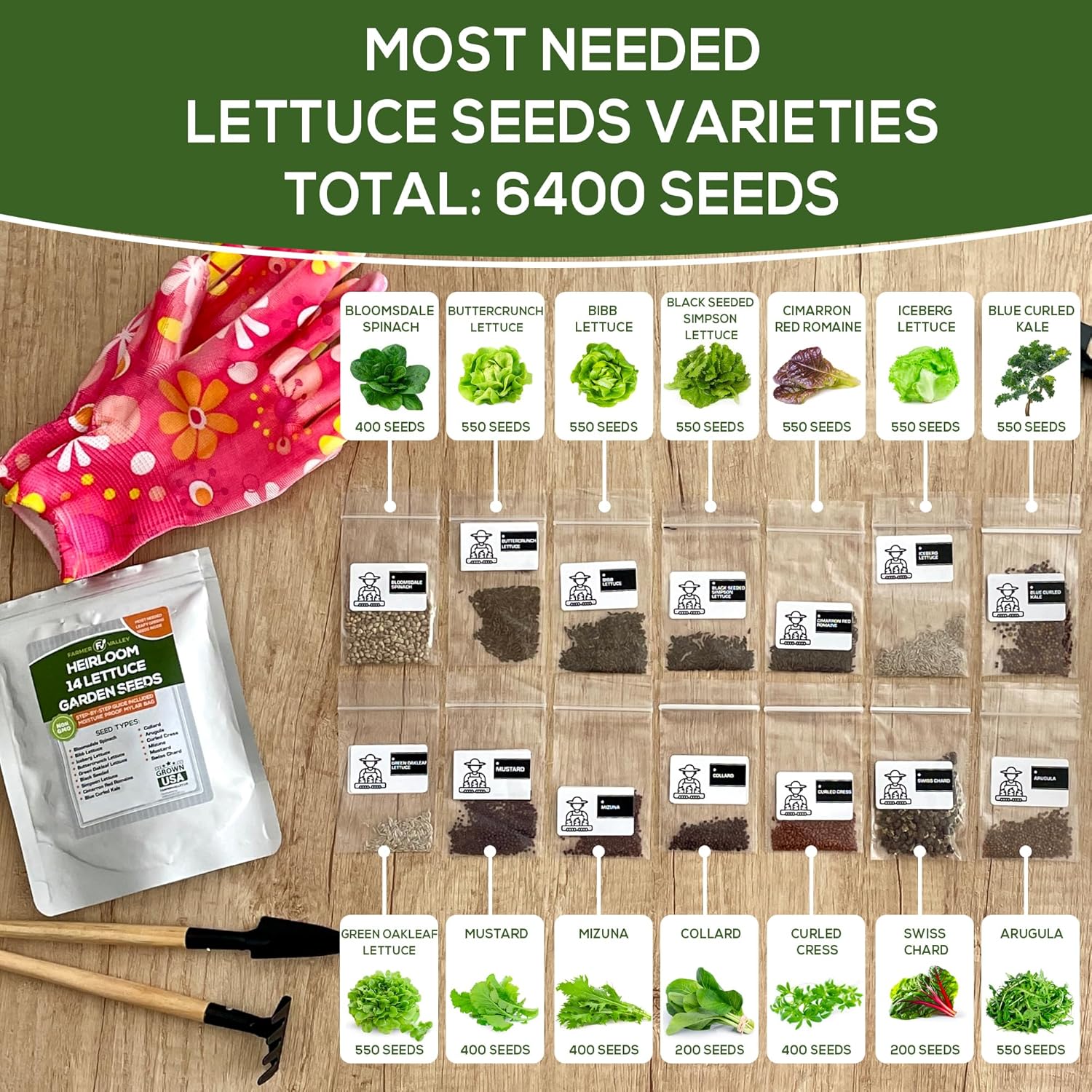 Semillas de jardín de lechuga y ensalada para plantar, más de 6400 semillas de verduras cultivadas en Estados Unidos sin OMG para cultivo doméstico,