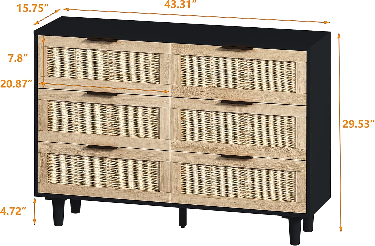 Cómoda con 6 cajones de 43.31 pulgadas, moderna cómoda de ratán con 6 cajones, armario de almacenamiento de madera para dormitorio, sala de estar,