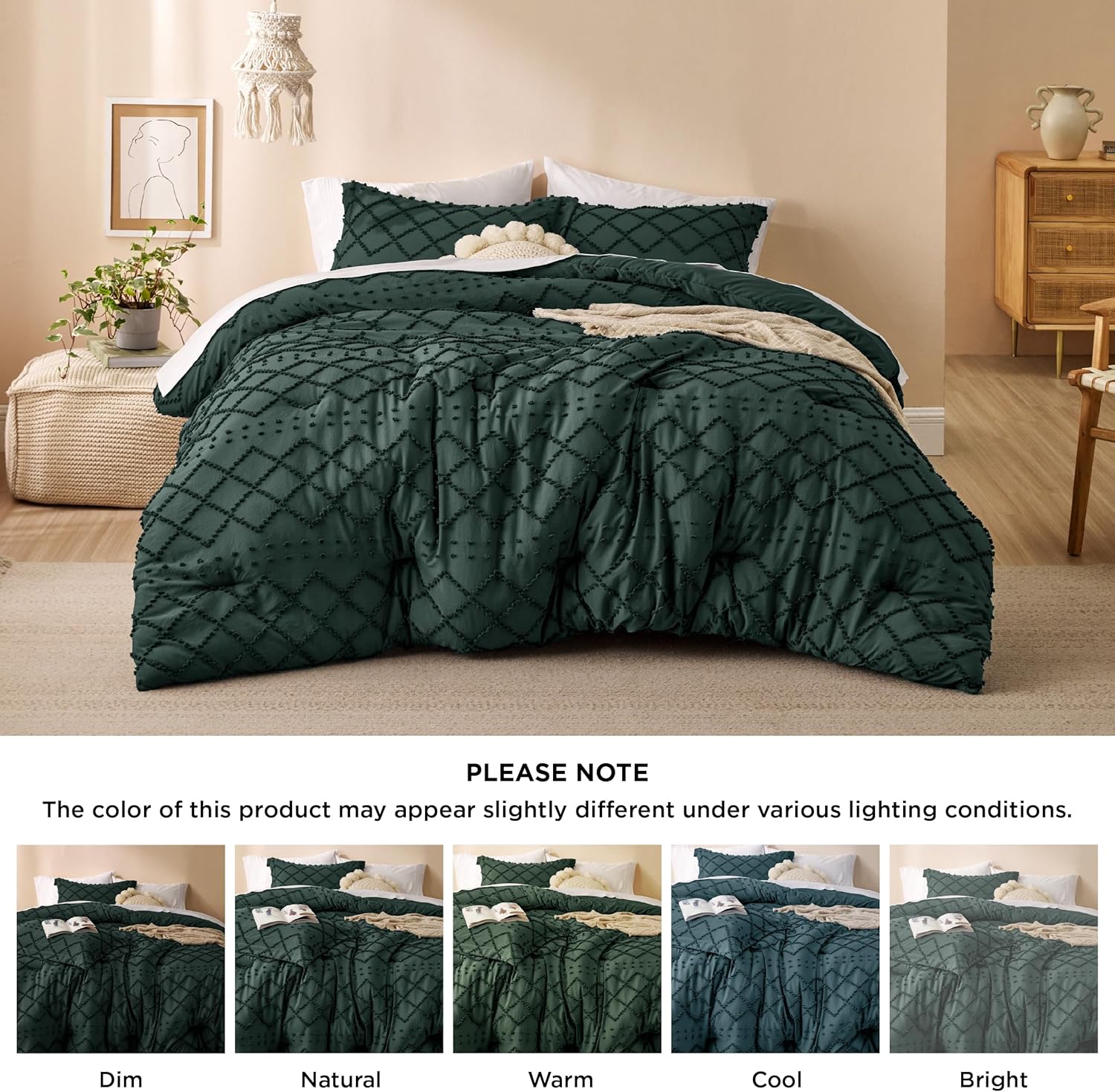 Bedsure Juego de edredón tamaño matrimonial  Edredón verde esmeralda oscuro, juego de edredón bohemio con copetudo, elegante estilo desgastado y