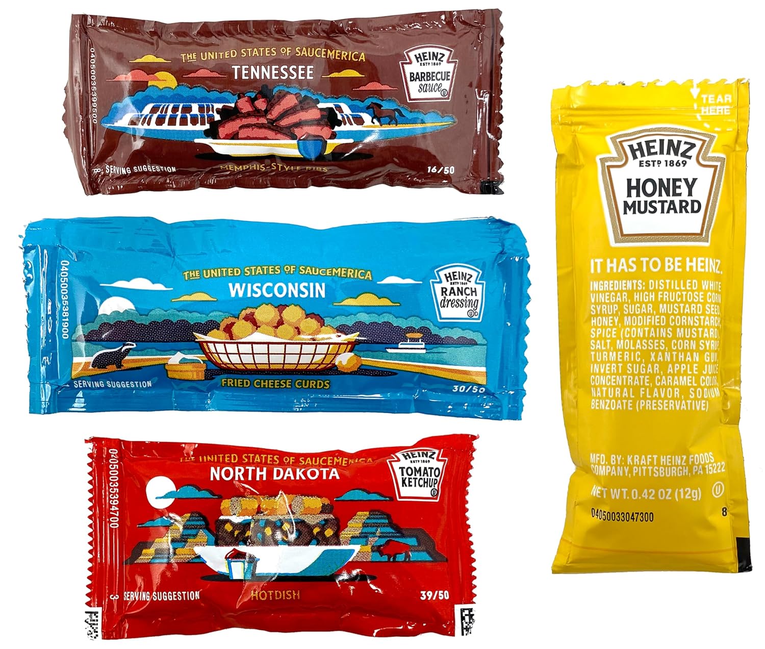 Heinz – Paquete variado de paquetes de condimentos que incluye salsa barbacoa, rancho, salsa de tomate y mostaza de miel, paquetes individuales de