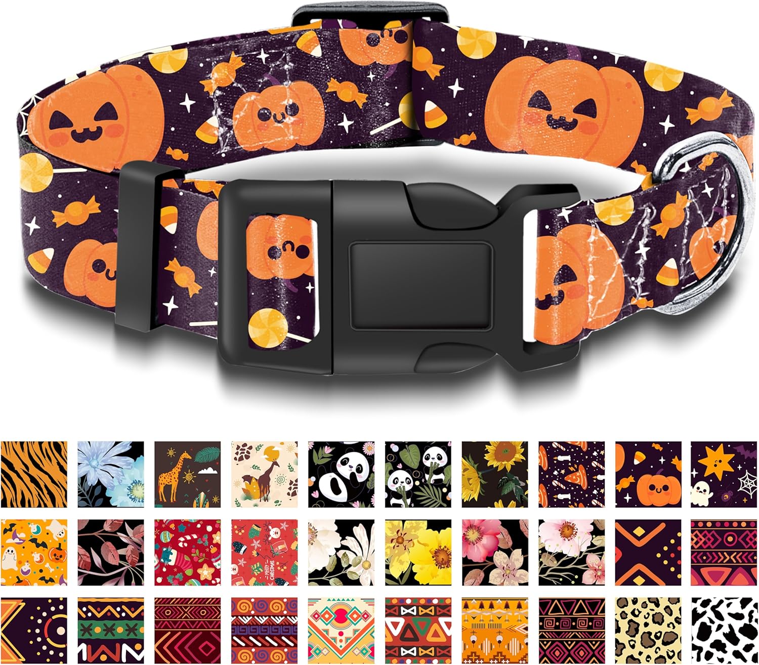 Seyezo Collar de perro de Halloween con patrón de calabaza caramelo, bonito collar transpirable para cachorros para niños y niñas con hebilla de