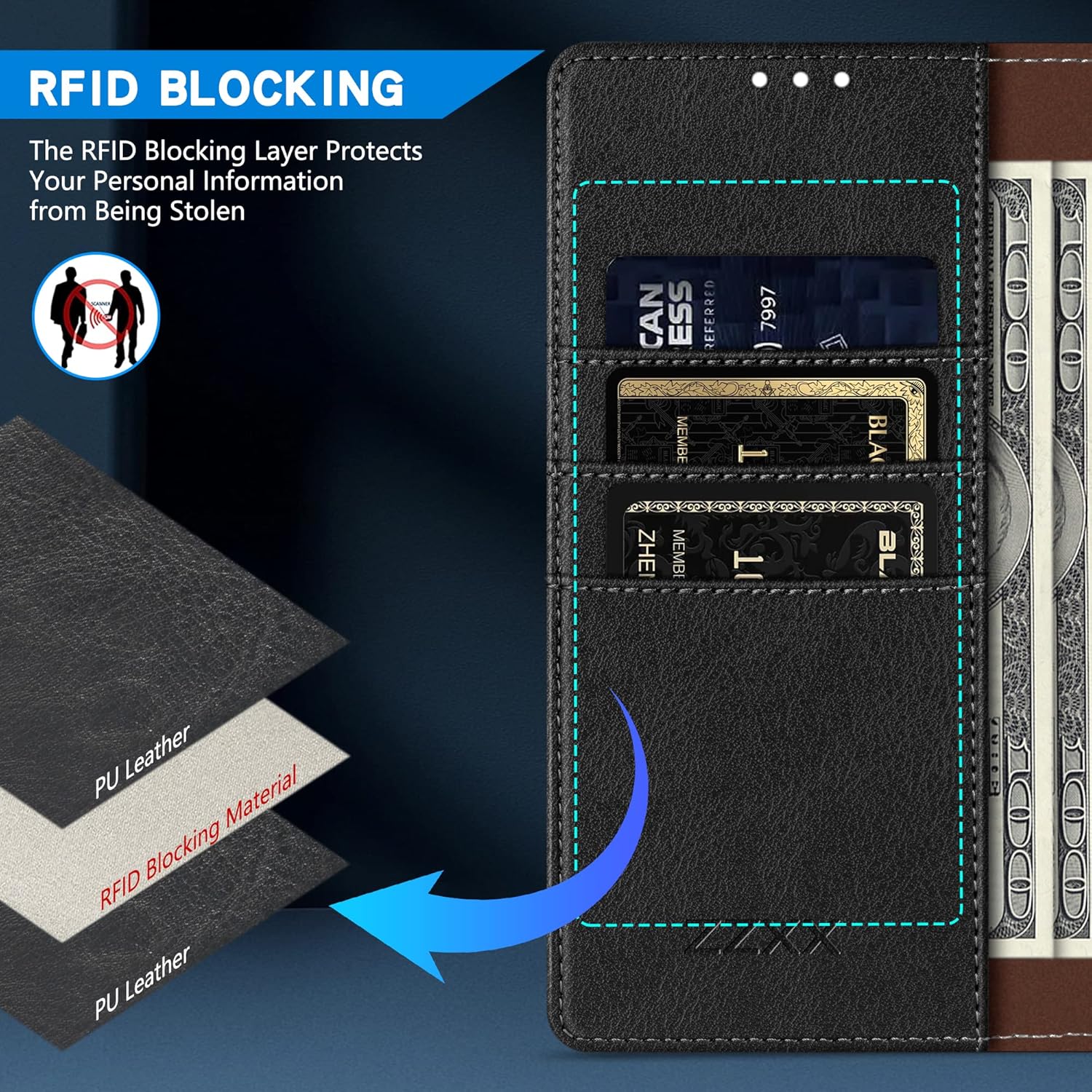 ZZXX Funda tipo cartera para iPhone 14 Plus con bloqueo RFID, ranura para tarjetas, función atril, cierre magnético, funda protectora de cuero