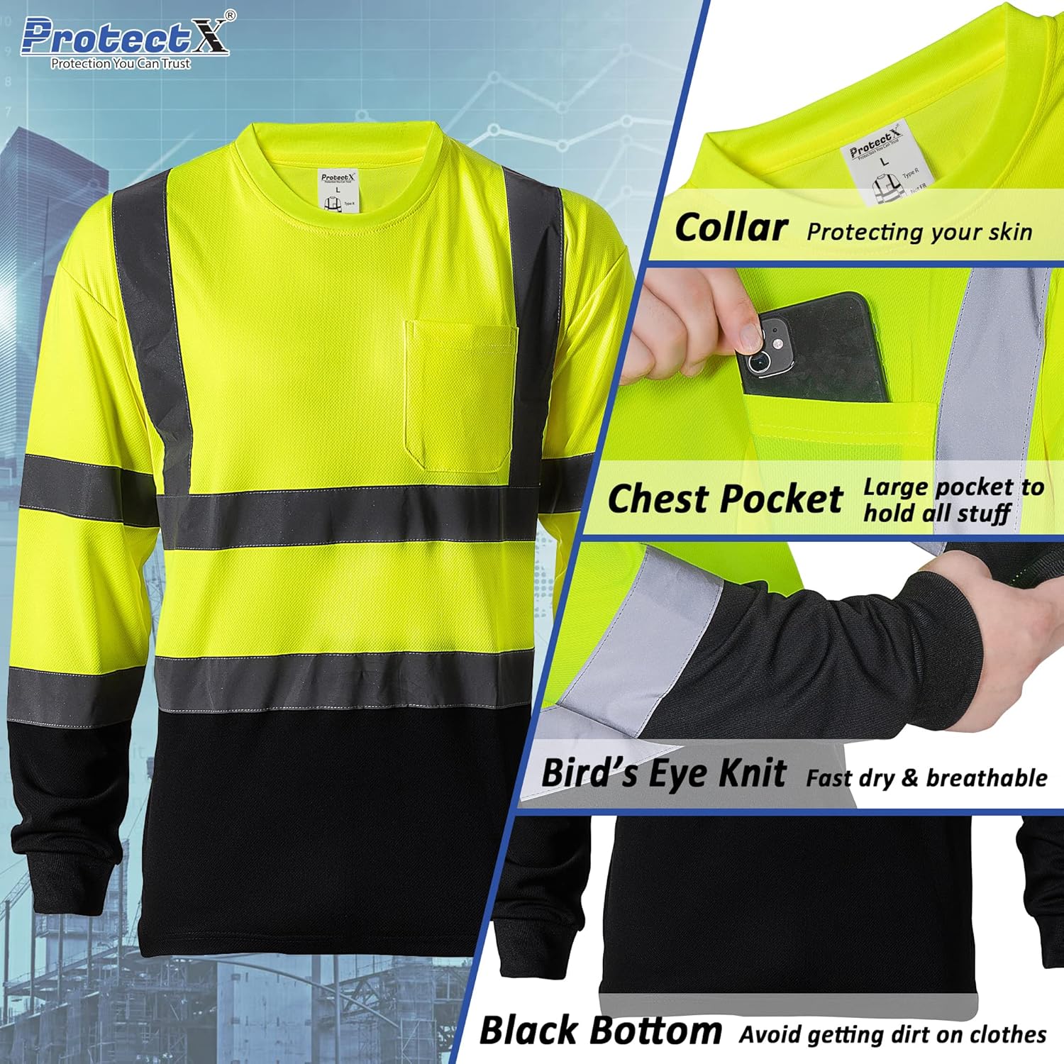 ProtectX Camisetas de seguridad reflectantes de manga larga resistentes para hombre, de alta visibilidad para construcción, clase 2-3 tipo R