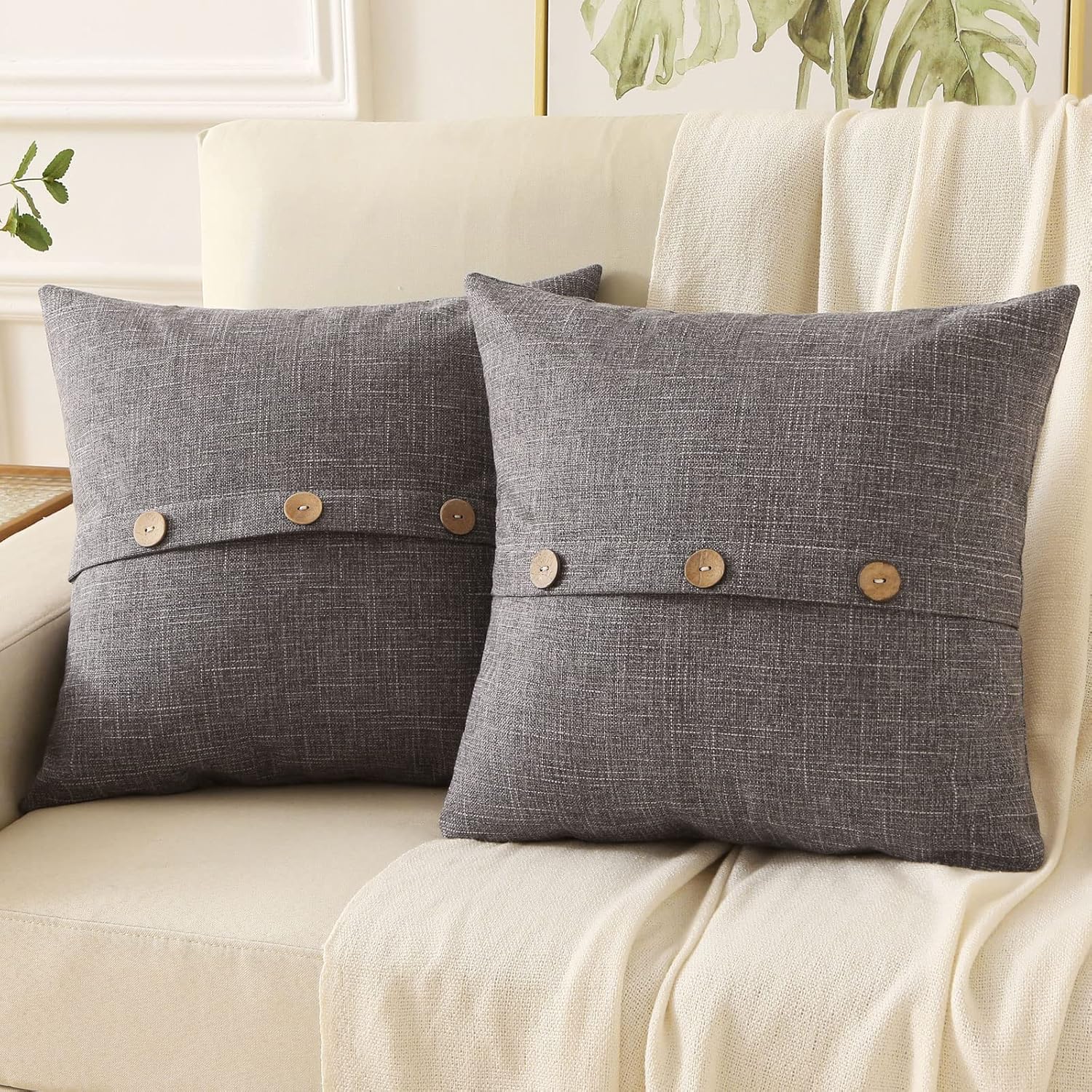 Juego de 2 fundas de almohada decorativas de lino gris oscuro de 16 x 16 pulgadas, fundas cuadradas con 3 botones vintagecremallera oculta,