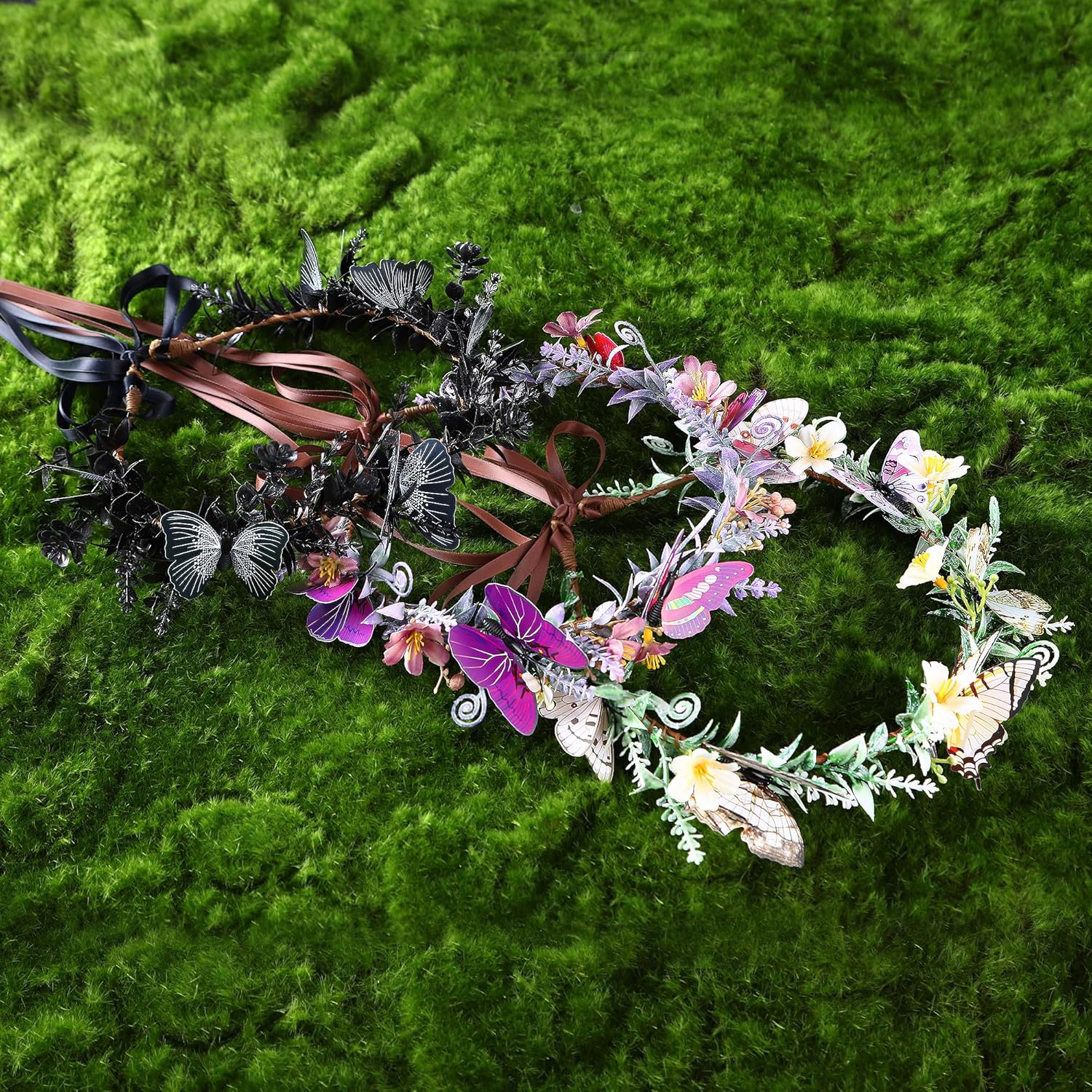 MOSTORY Corona de mariposa de flores negras hecha a mano, diadema de elfo gótico, diadema floral de hada, corona oscura para mujeres y niñas,