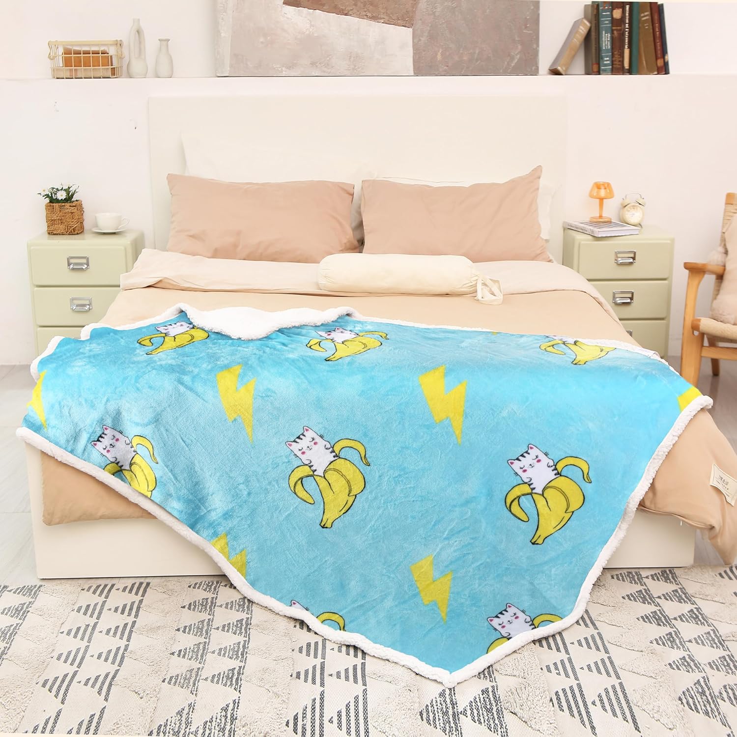 Catalonia Manta de forro polar Sherpa con estampado de gato y plátano, manta suave de felpa de visón, mullida, cómoda, cálida, regalo de cuidado