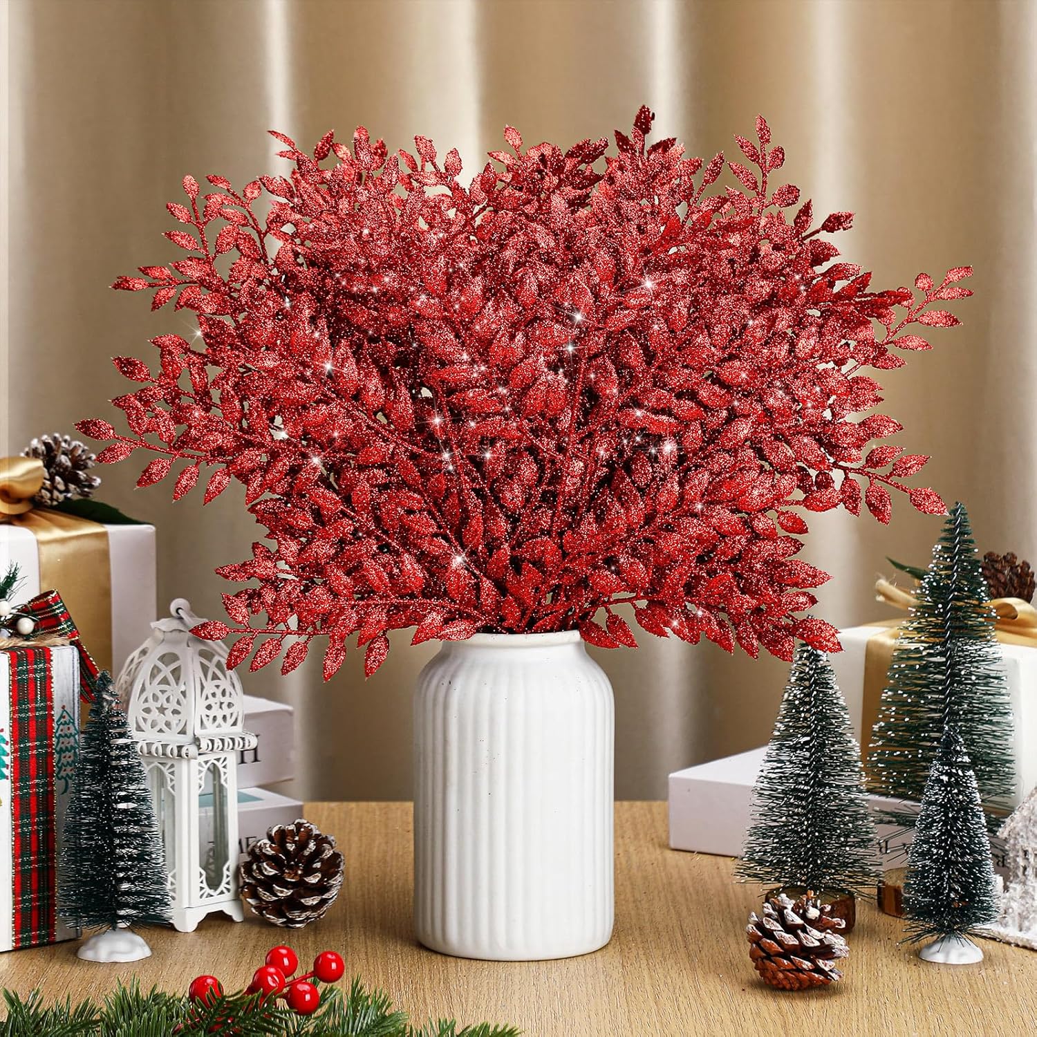 100 púas artificiales de Navidad con purpurina de 14.6 pulgadas, diseño de hojas brillantes, para árbol de Navidad, coronas de invierno, para