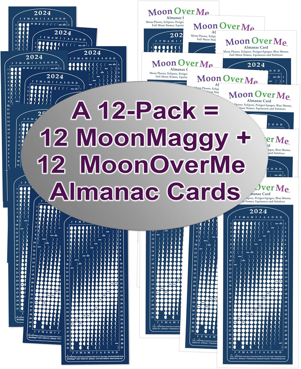 Calendario lunar 2024, imán, MoonMaggy – 12 juegos, 12 calendarios magnéticos más 12 tarjetas de información de Almanaque Moon Over Me