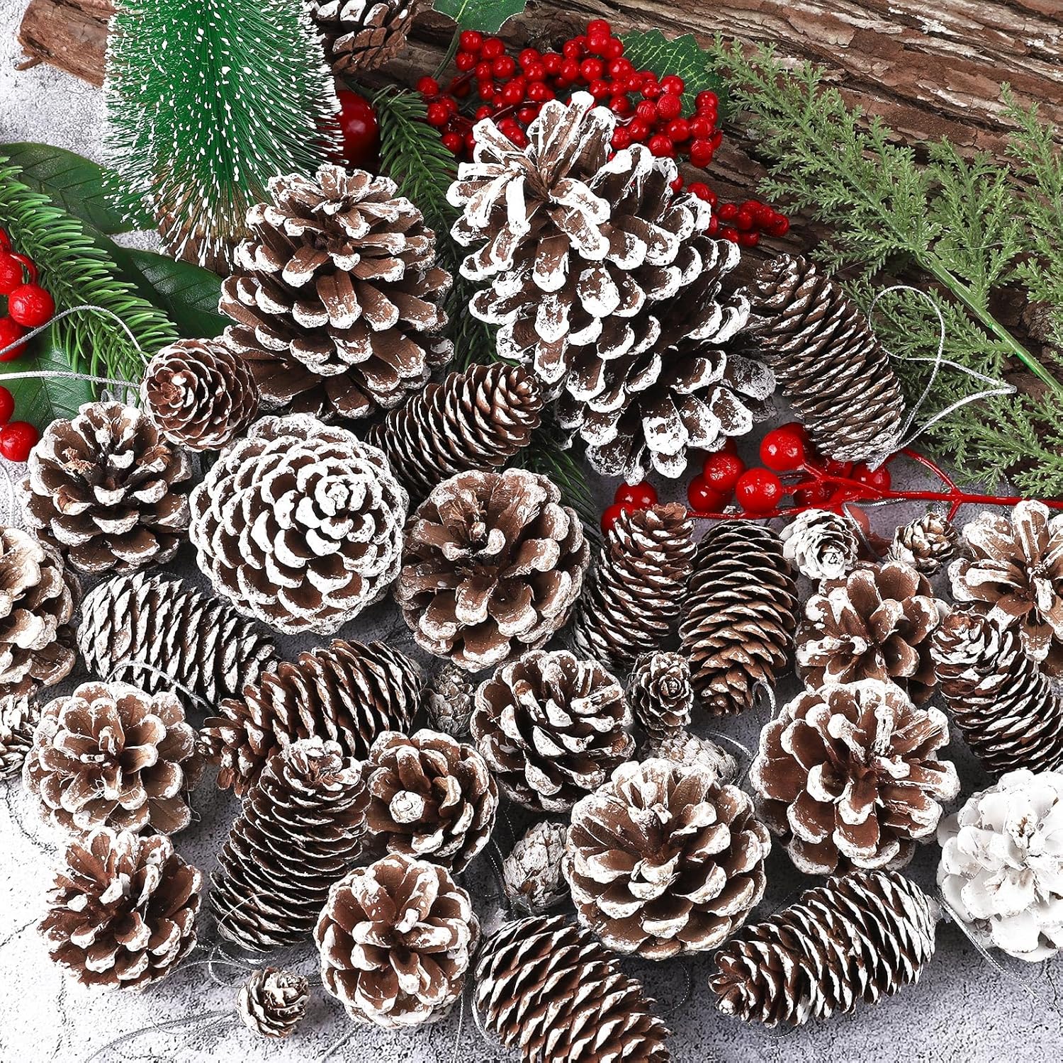 Fovths 66 piezas de adornos de piñas de Navidad blancas como la nieve con cuerda, conos de pino rústicos naturales a granel, varios tamaños,