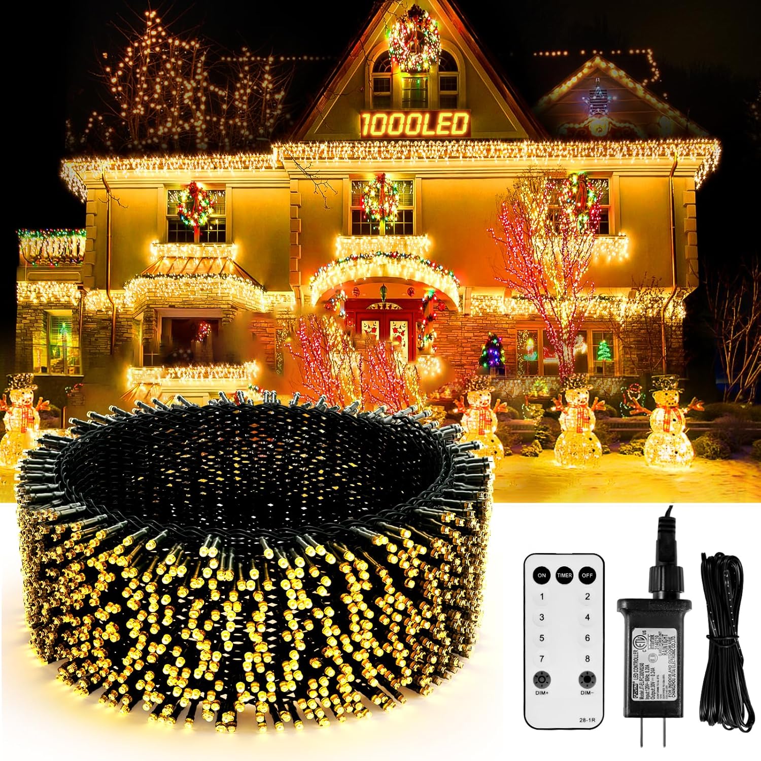 Luces de Navidad para exteriores, 1000 luces LED de 394 pies de color blanco cálido, 8 modos, temporizador y control remoto de RF para árbol de