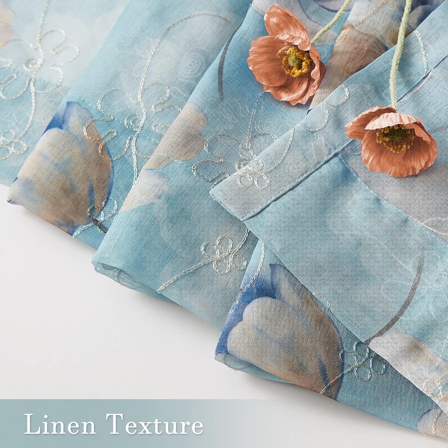 Melodieux Cortina transparente con estampado de hilo dorado con bordado de flores verde azulado para sala de estar, dormitorio, granja con bolsillo