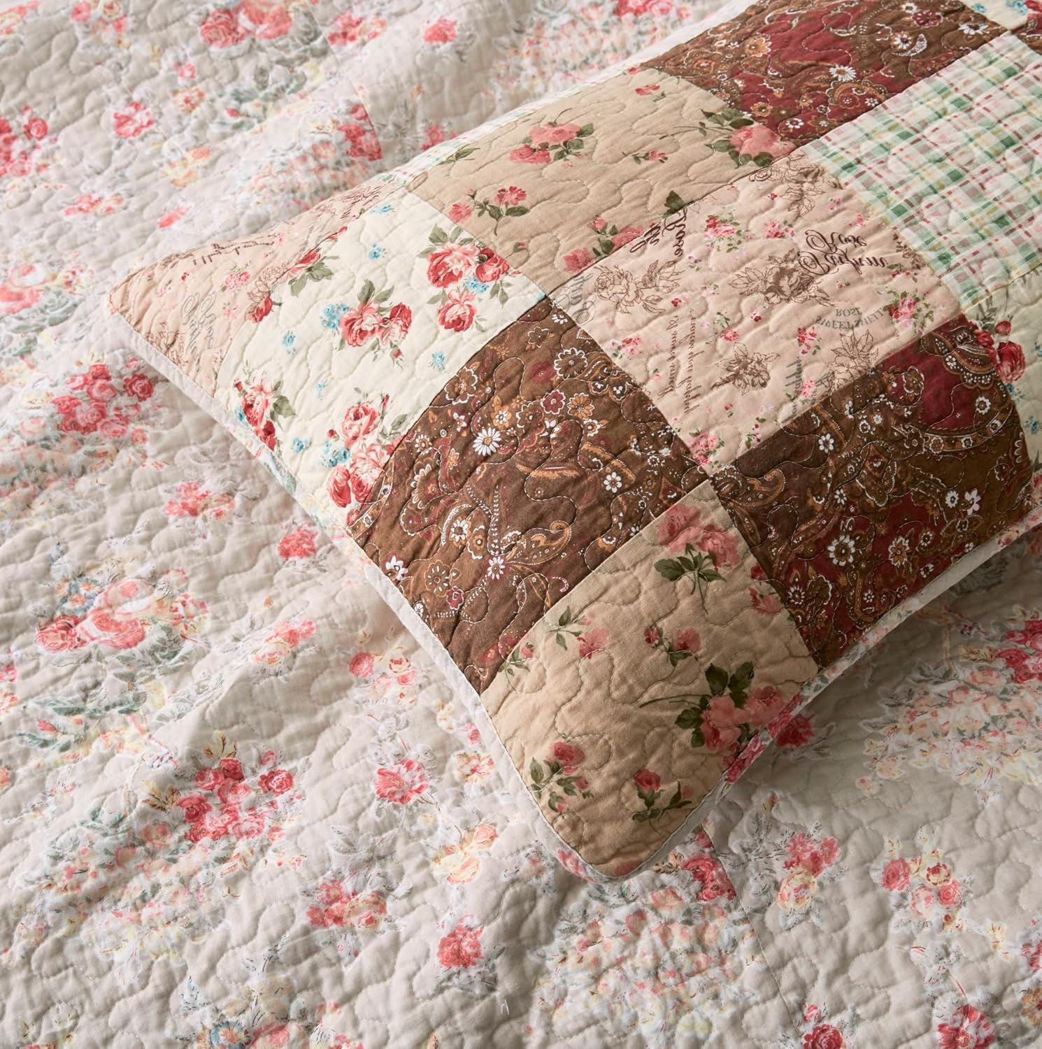 Chezmoi Collection Cynthia – Juego de edredón elegante de 3 piezas, colcha floral a cuadros, colcha reversible ligera de algodón prelavado, tamaño