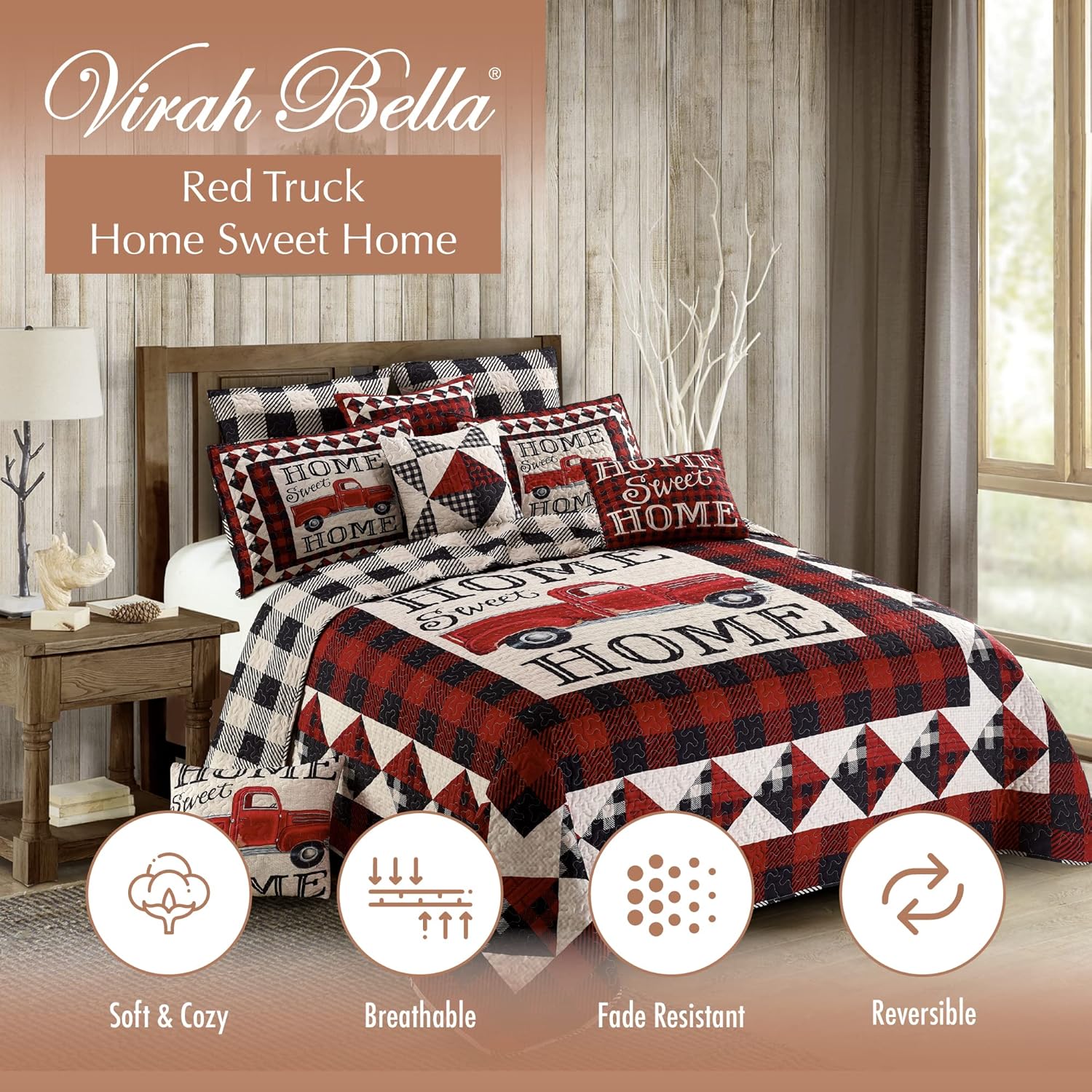 Virah Bella Juego de ropa de cama de 3 piezas tamaño King – Strain Red Truck Home Sweet Home – Edredón reversible de campamento rústico con fundas