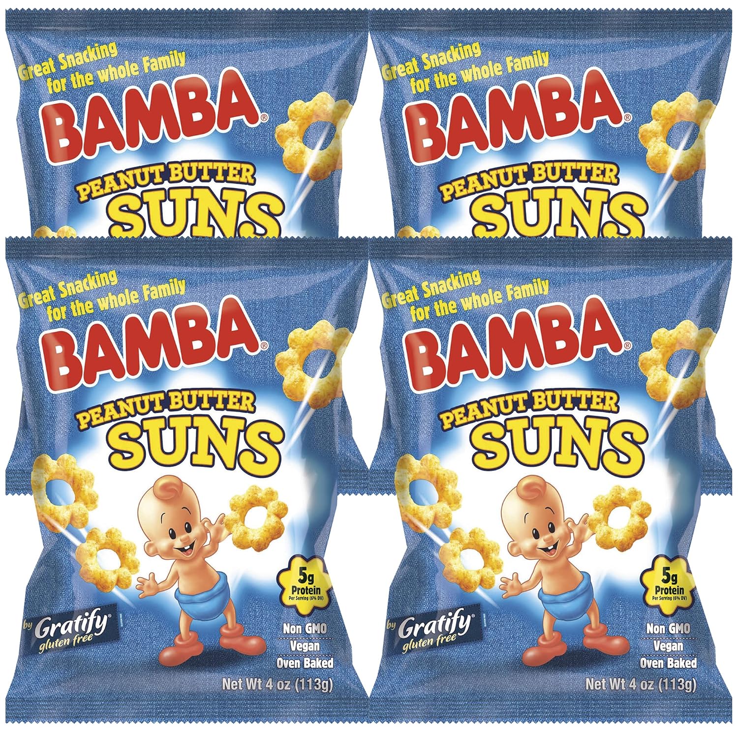 Osem Bamba Peanut Butter Suns Snacks para toda la familia  Bocadillos naturales de mantequilla de maní de maíz (paquete de 4  bolsas de 4 onzas)