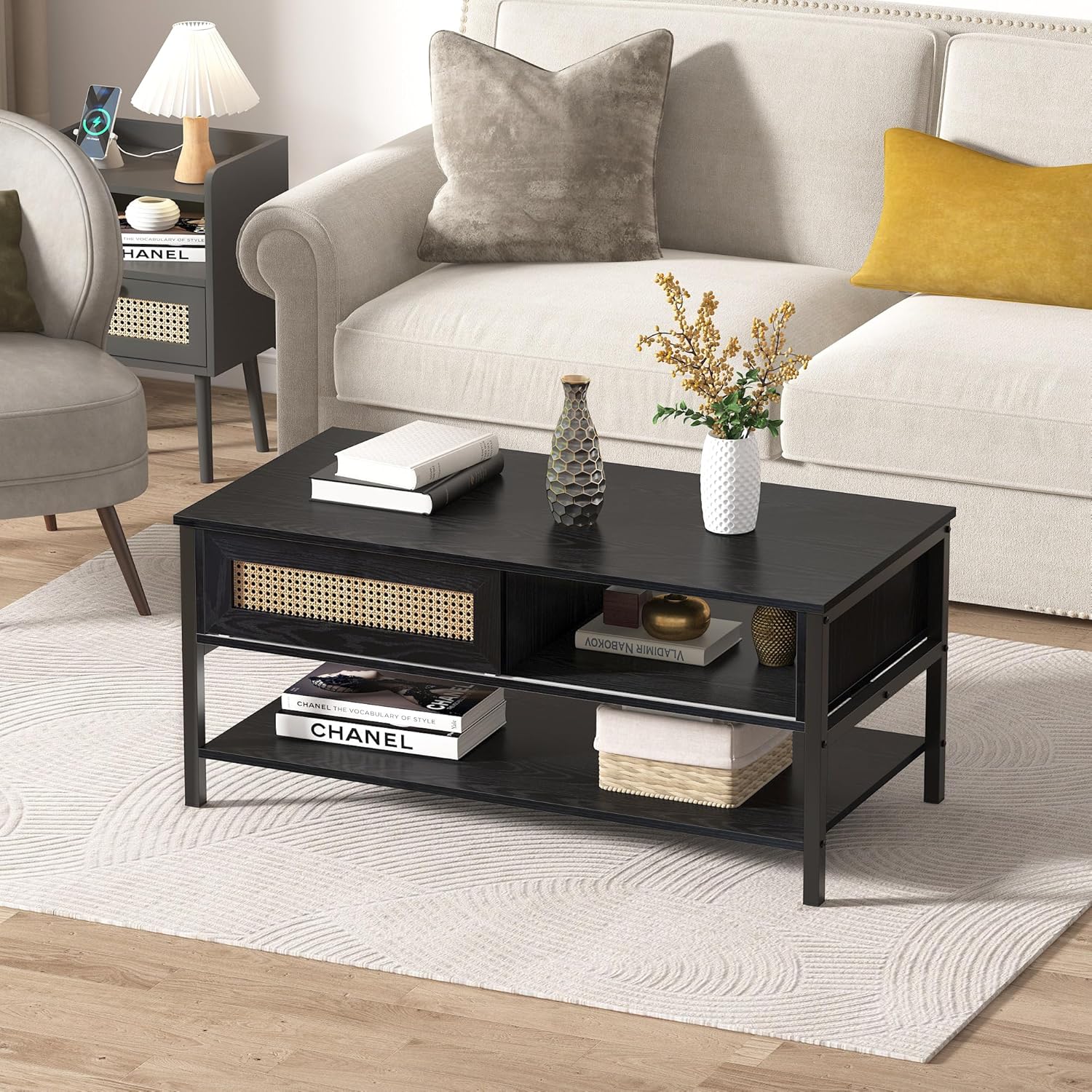Mesa de centro con puertas correderas de ratán natural, mesa de centro moderna de mediados de siglo con almacenamiento, mesa de centro de madera