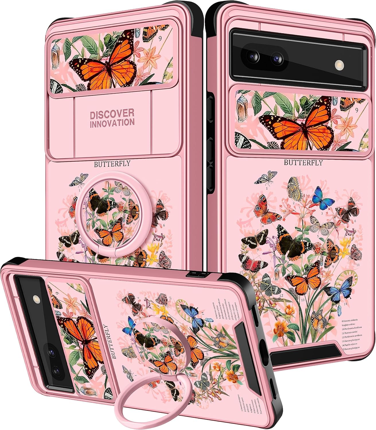 Funermei Funda 2 en 1 para Google Pixel 6A para mujeres, linda funda de mariposa para niñas, diseño único con funda para cámara y soporte de anillo