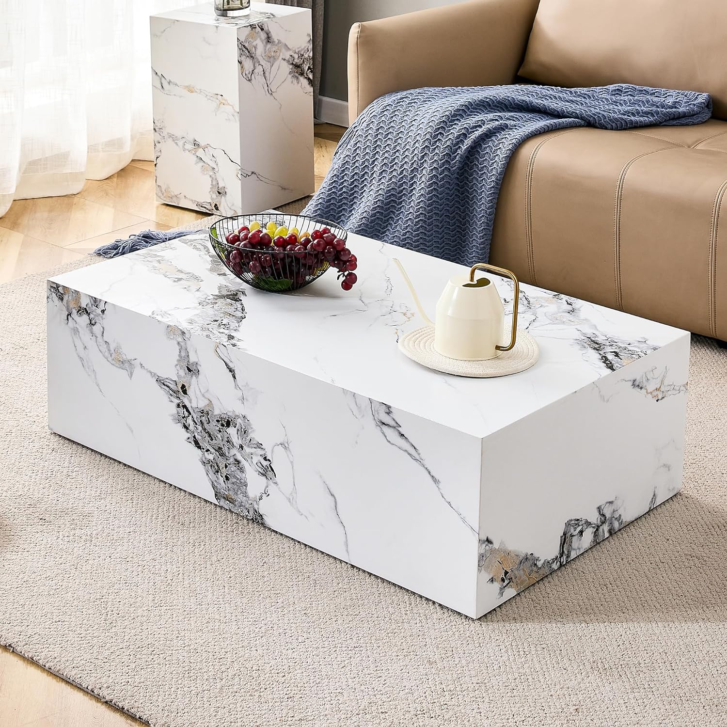 Mesa de centro moderna de mármol, mesa central rectangular de madera con patrón de mármol para sala de estar, mesa de cóctel contemporánea para el