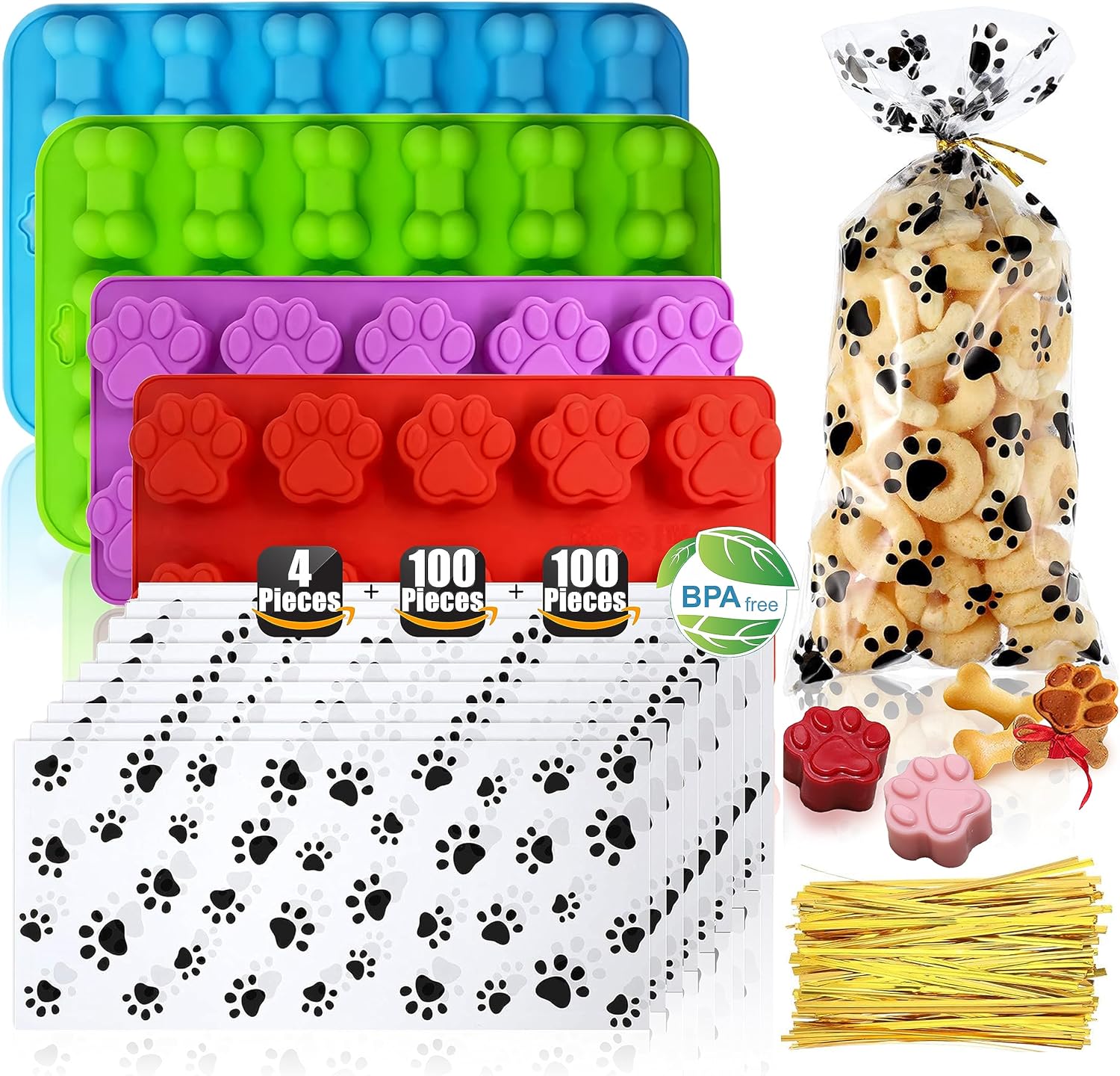 Paquete de 4 moldes de silicona para patas y huesos de cachorro, moldes para hornear, molde de silicona para golosinas y 100 bolsas de golosinas